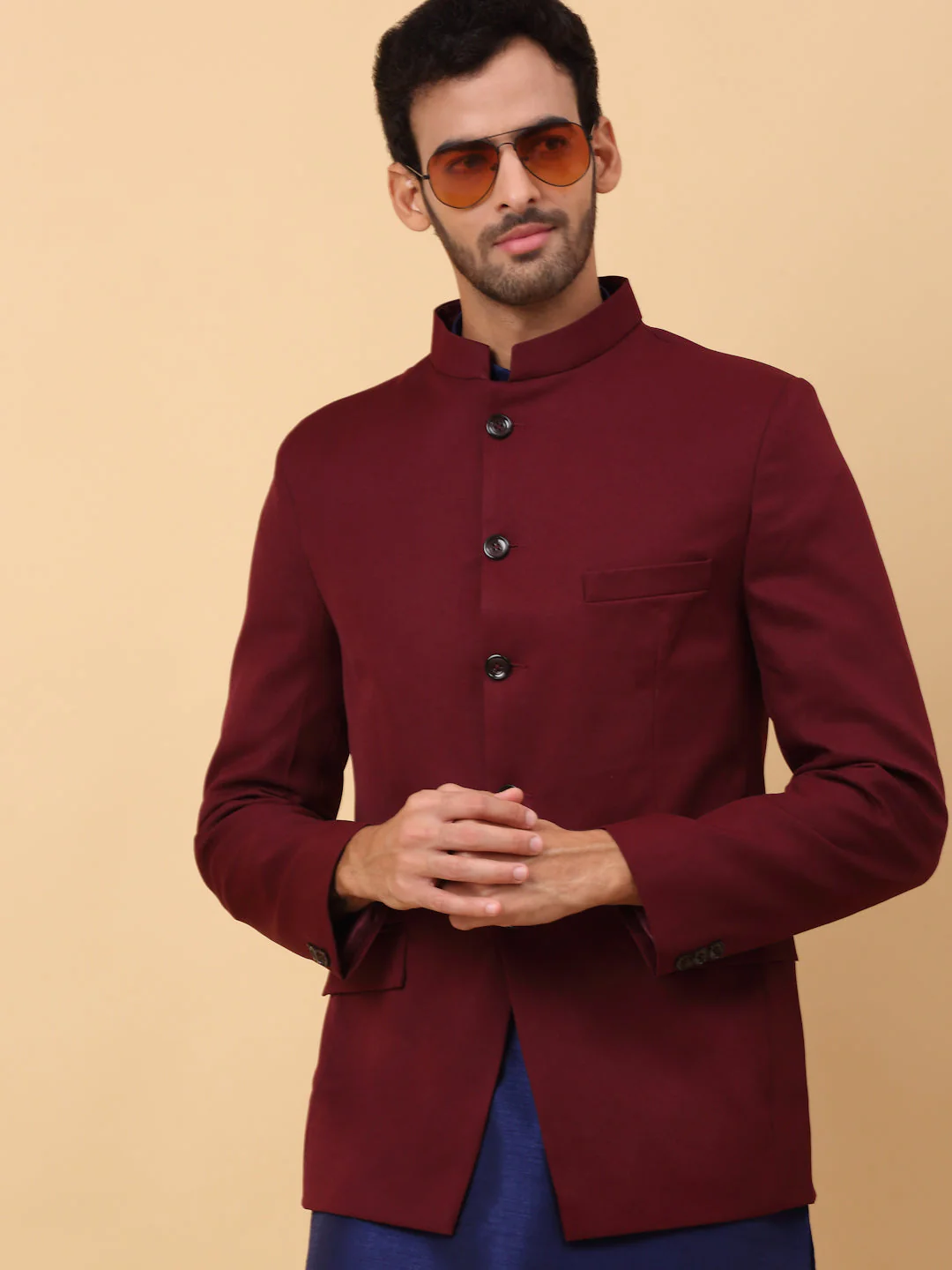 KRAFT INDIA Men's Silk Navy Blue Kurta Churidar With Solid Twill Bandhgala Suit/Coat - Image 8