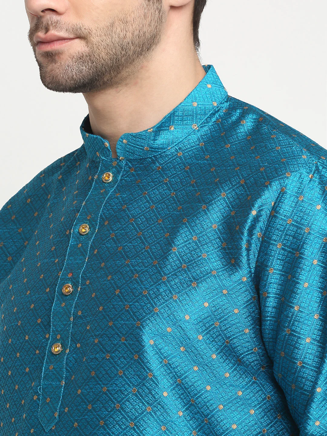KRAFT INDIA Men's Silk Polka Dotted Jacquard Kurta & Beige Churidar Set - Image 11