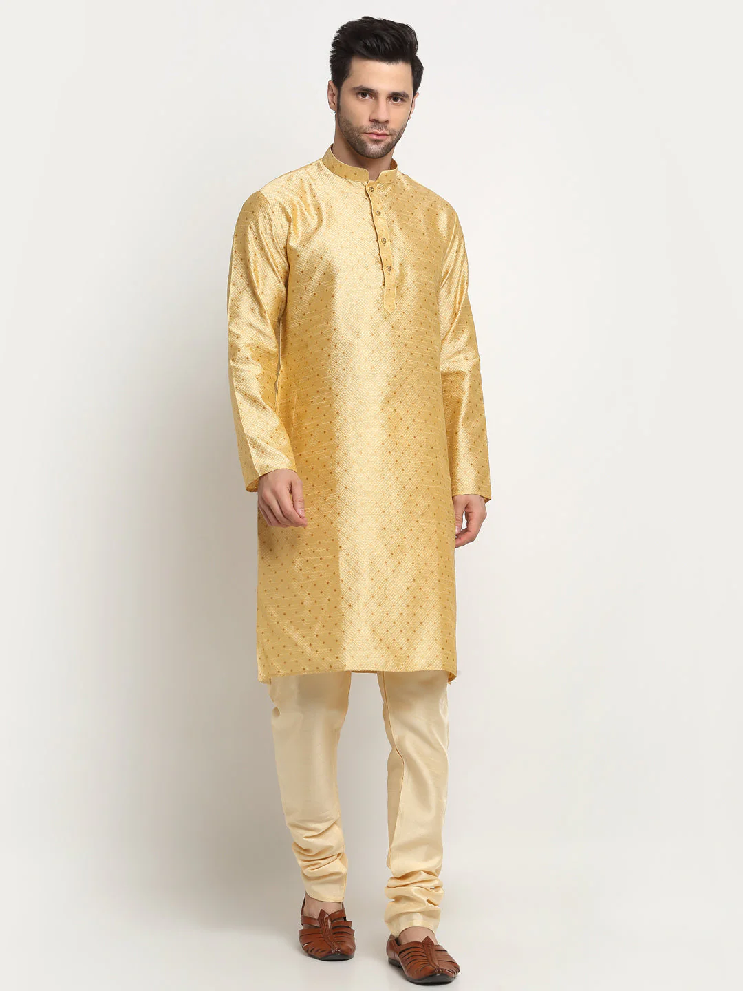 KRAFT INDIA Men's Silk Polka Dotted Jacquard Kurta & Beige Churidar Set - Image 15