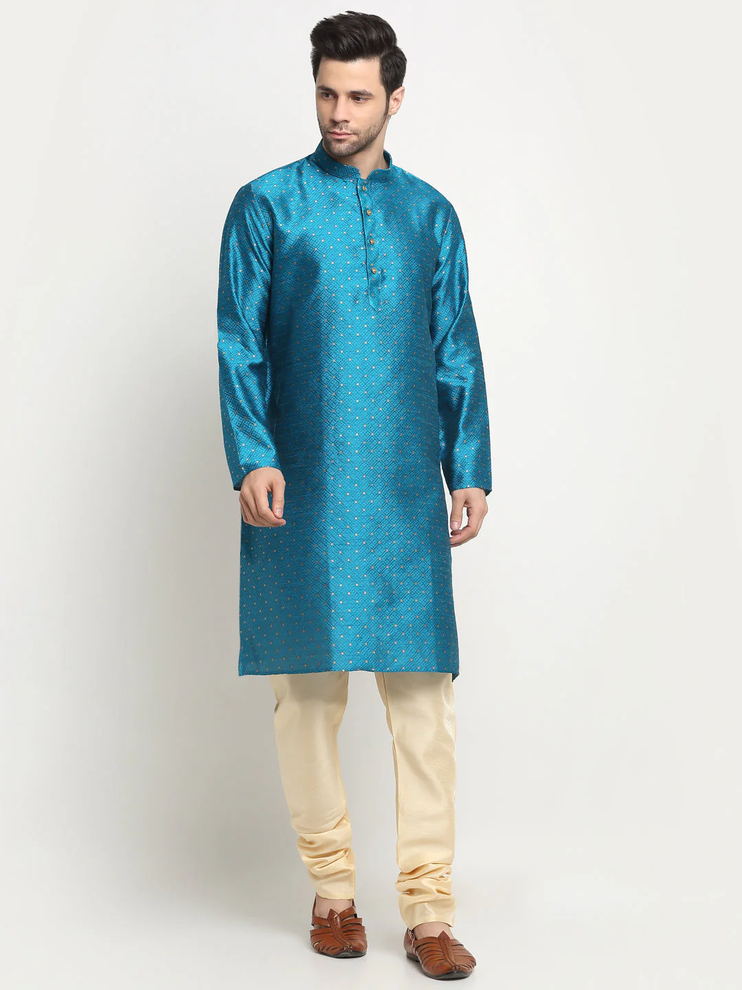 KRAFT INDIA Men's Silk Polka Dotted Jacquard Kurta & Beige Churidar Set - Image 8