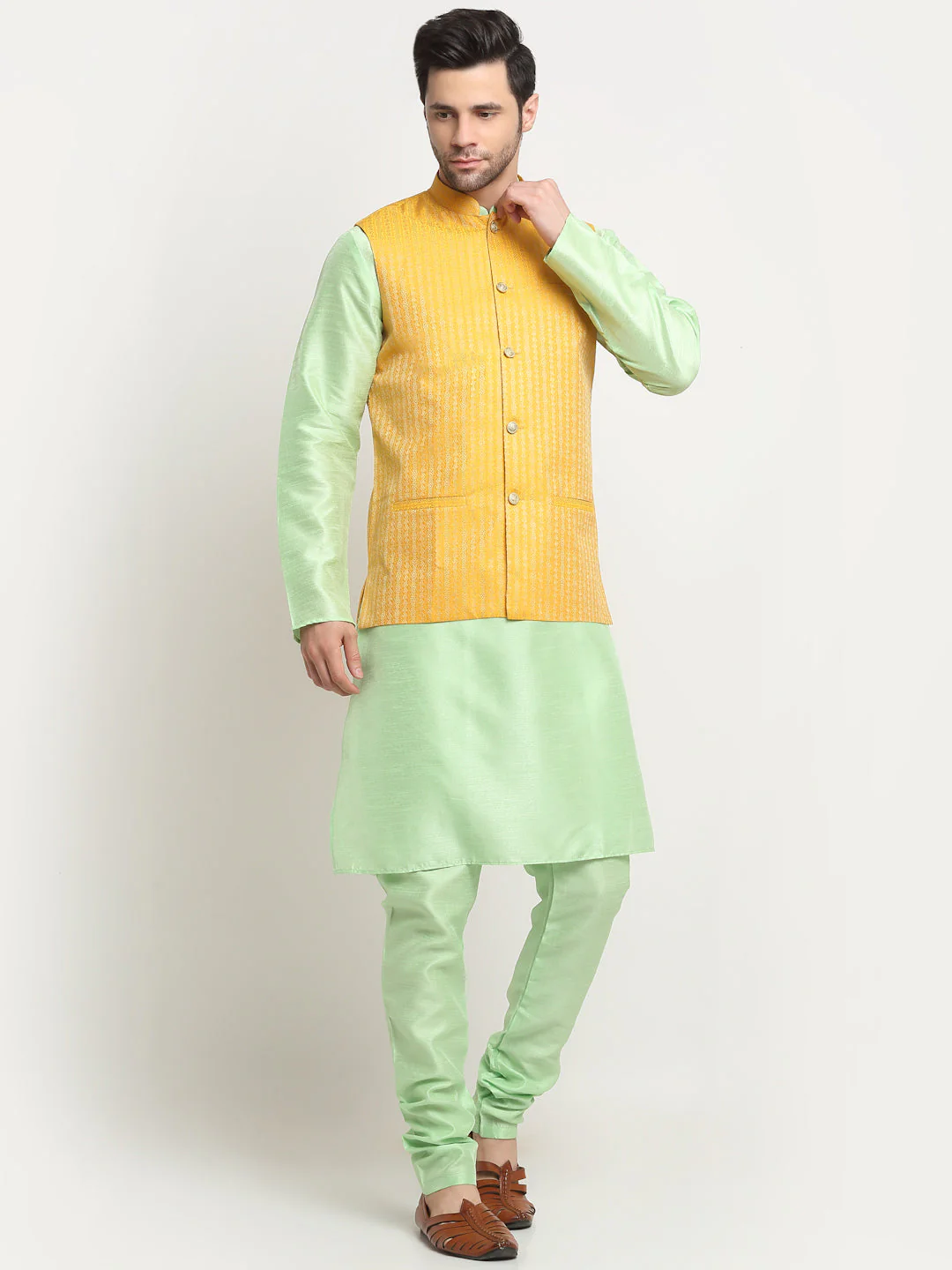 KRAFT INDIA Men's Silk Sea Green Kurta Churidar with Yellow Nehru Jacket Set - Image 3