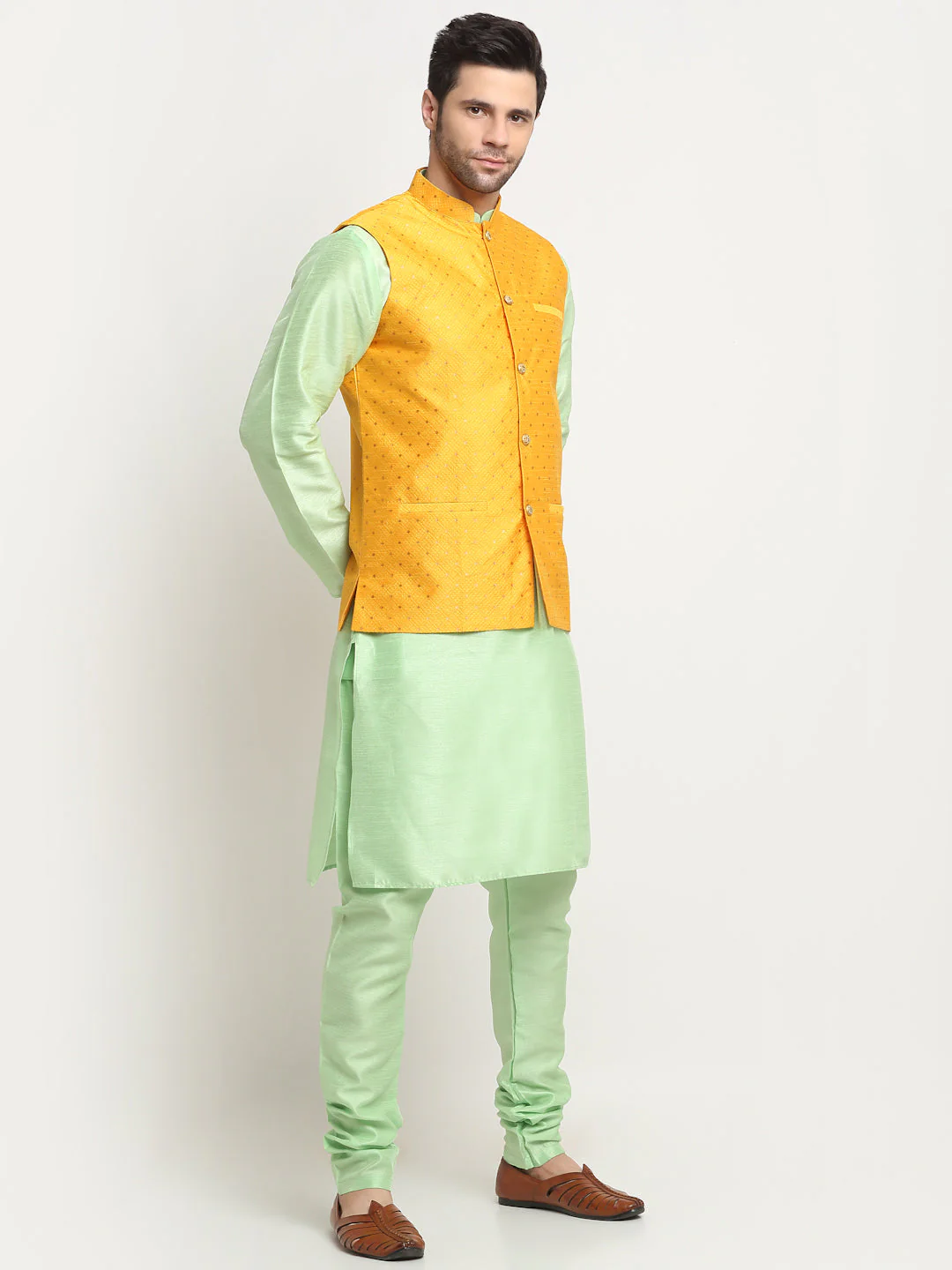 KRAFT INDIA Men's Silk Sea Green Kurta Churidar With Yellow Polka Dotted Nehru Jacket Set - Image 3