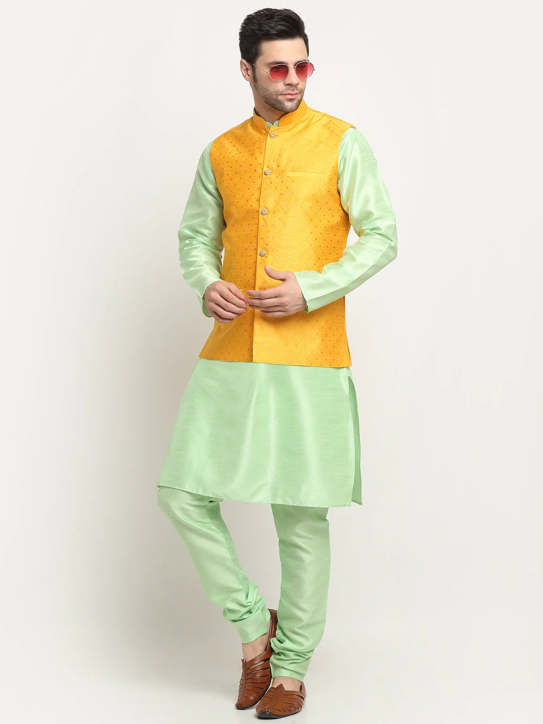 KRAFT INDIA Men's Silk Sea Green Kurta Churidar With Yellow Polka Dotted Nehru Jacket Set - Image 5