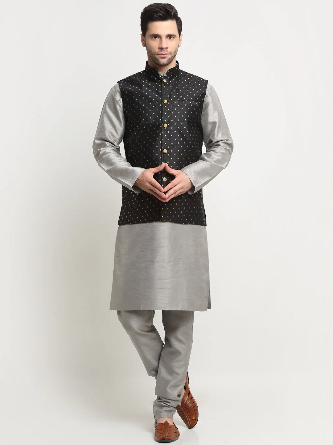 KRAFT INDIA Men's Silk Silver Kurta Churidar With Black Polka Dotted Nehru Jacket Set