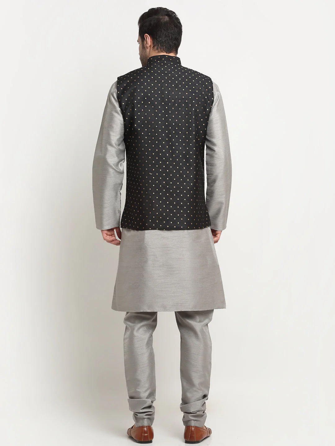 KRAFT INDIA Men's Silk Silver Kurta Churidar With Black Polka Dotted Nehru Jacket Set - Image 2