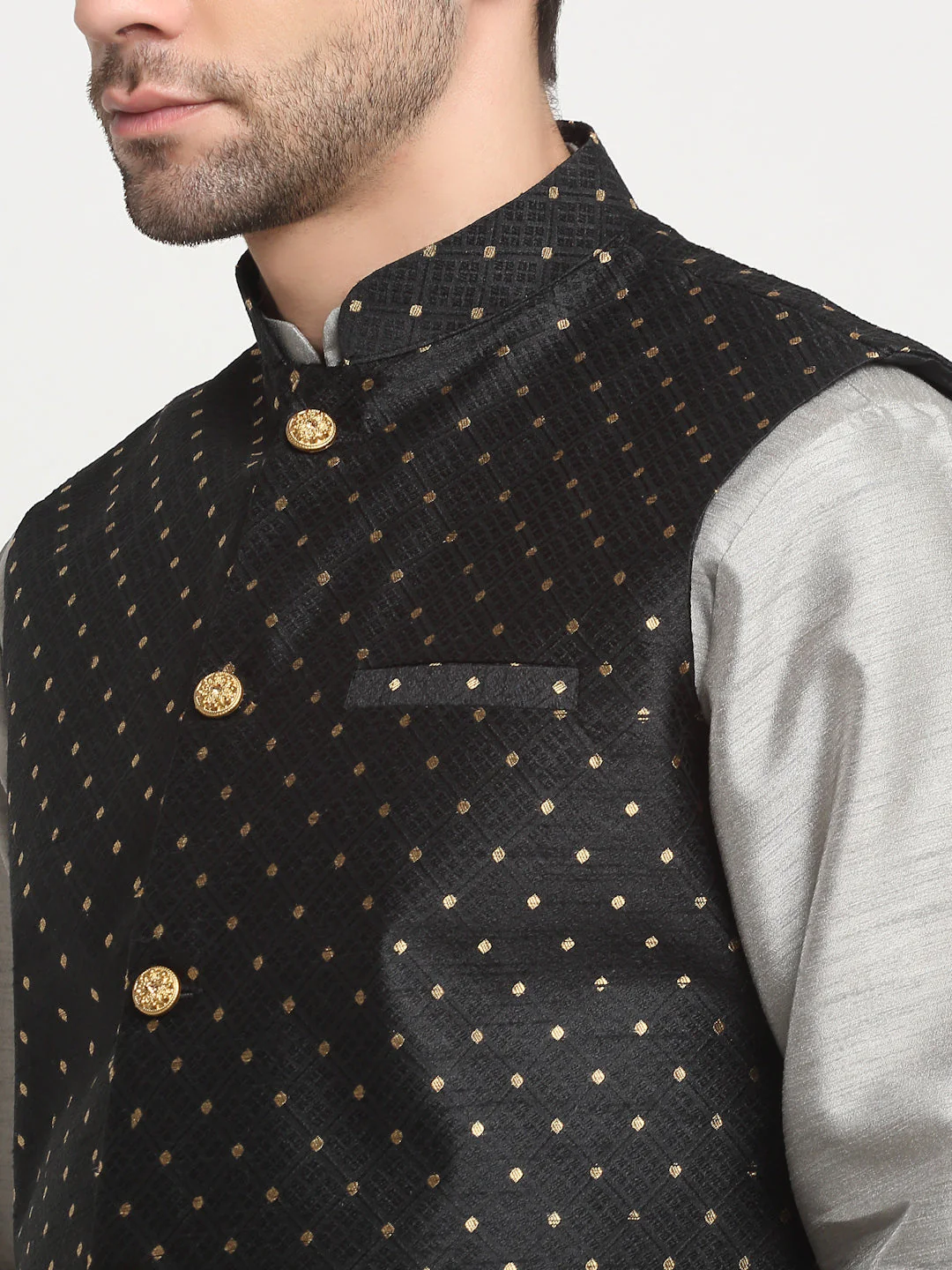 KRAFT INDIA Men's Silk Silver Kurta Churidar With Black Polka Dotted Nehru Jacket Set - Image 4