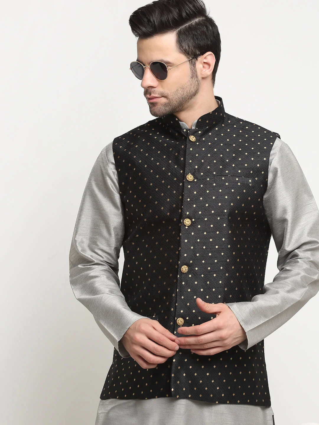 KRAFT INDIA Men's Silk Silver Kurta Churidar With Black Polka Dotted Nehru Jacket Set - Image 6