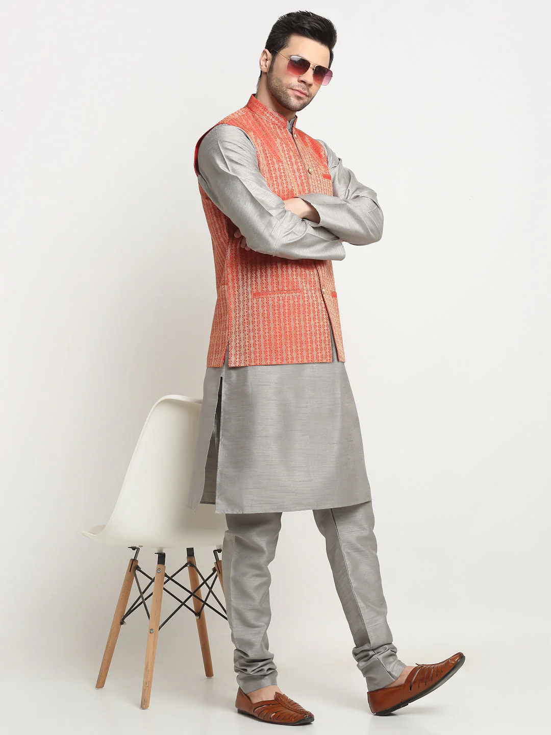 KRAFT INDIA Men's Silk Silver Kurta Churidar with Nehru Jacket Set - Image 23