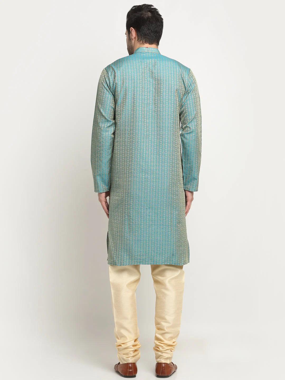 KRAFT INDIA Men's Silk Woven Design Jacquard Kurta & Beige Churidar Set - Image 16