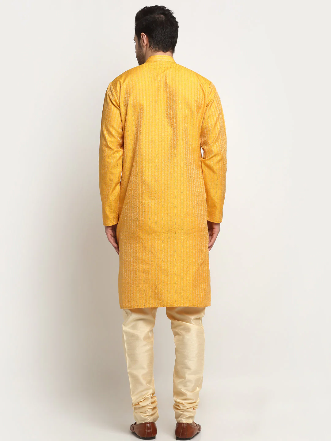 KRAFT INDIA Men's Silk Woven Design Jacquard Kurta & Beige Churidar Set - Image 2