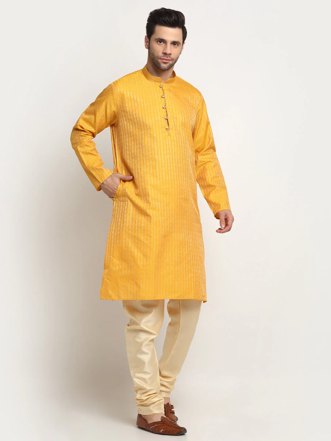 KRAFT INDIA Men's Silk Woven Design Jacquard Kurta & Beige Churidar Set - Image 3