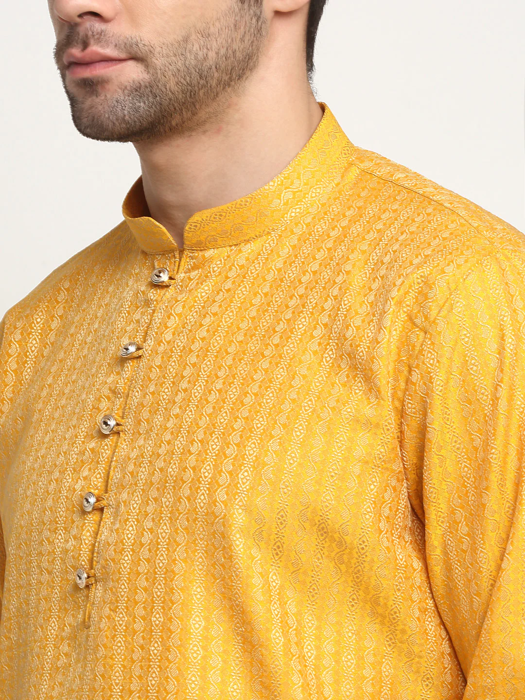 KRAFT INDIA Men's Silk Woven Design Jacquard Kurta & Beige Churidar Set - Image 4