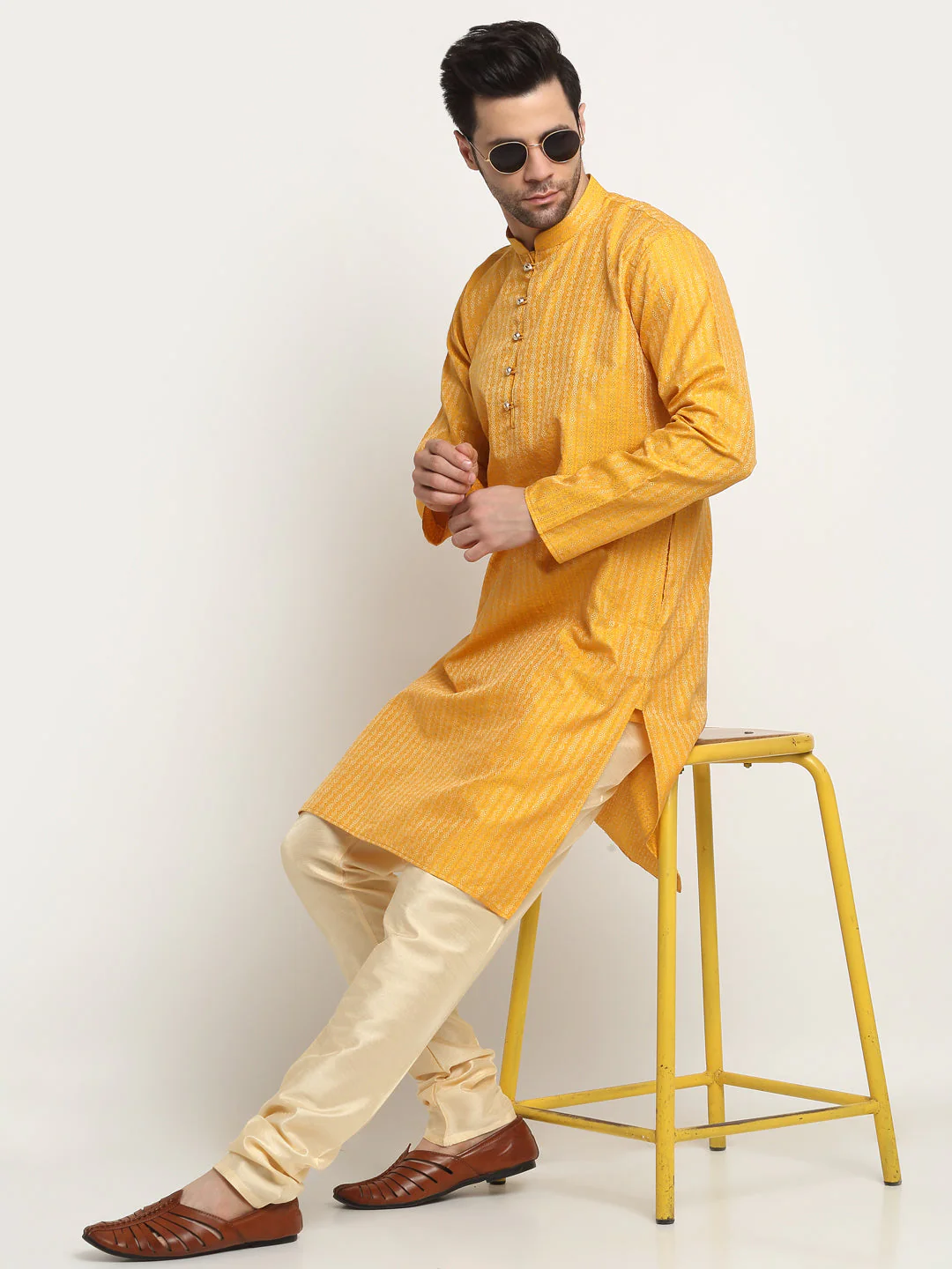 KRAFT INDIA Men's Silk Woven Design Jacquard Kurta & Beige Churidar Set - Image 5
