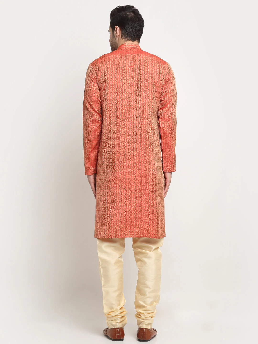 KRAFT INDIA Men's Silk Woven Design Jacquard Kurta & Beige Churidar Set - Image 9
