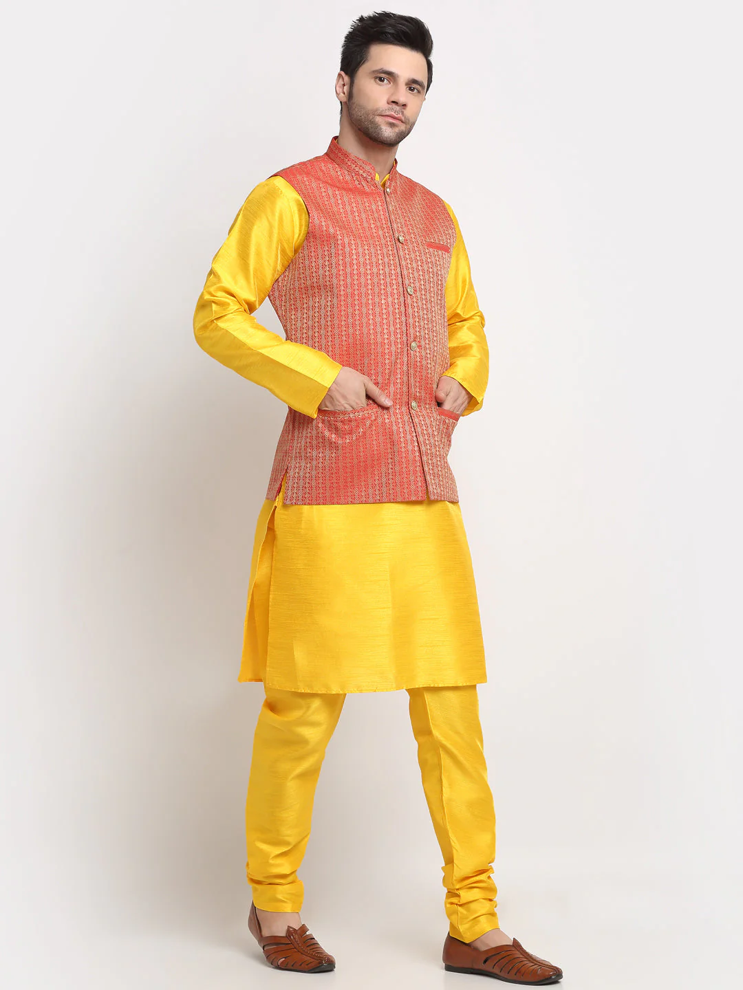 KRAFT INDIA Men's Silk Yellow Kurta Churidar with Nehru Jacket Set - Image 12