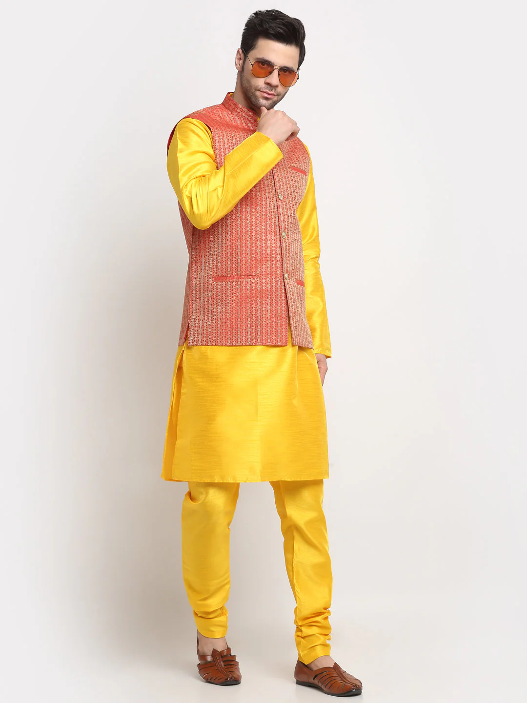 KRAFT INDIA Men's Silk Yellow Kurta Churidar with Nehru Jacket Set - Image 14