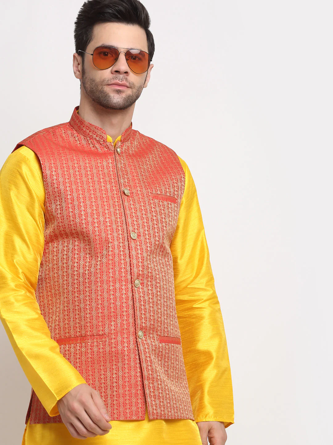 KRAFT INDIA Men's Silk Yellow Kurta Churidar with Nehru Jacket Set - Image 15