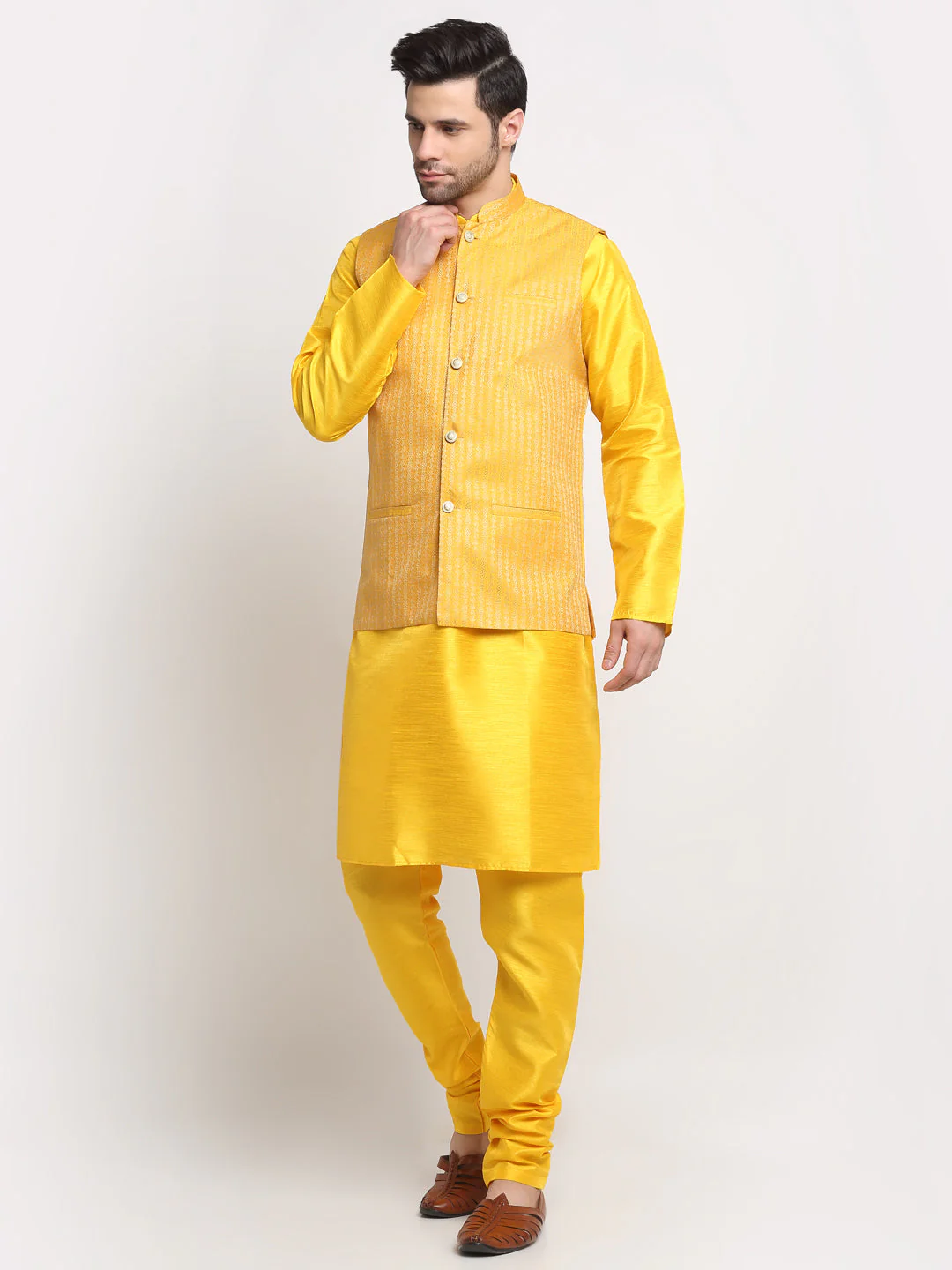 KRAFT INDIA Men's Silk Yellow Kurta Churidar with Nehru Jacket Set - Image 19