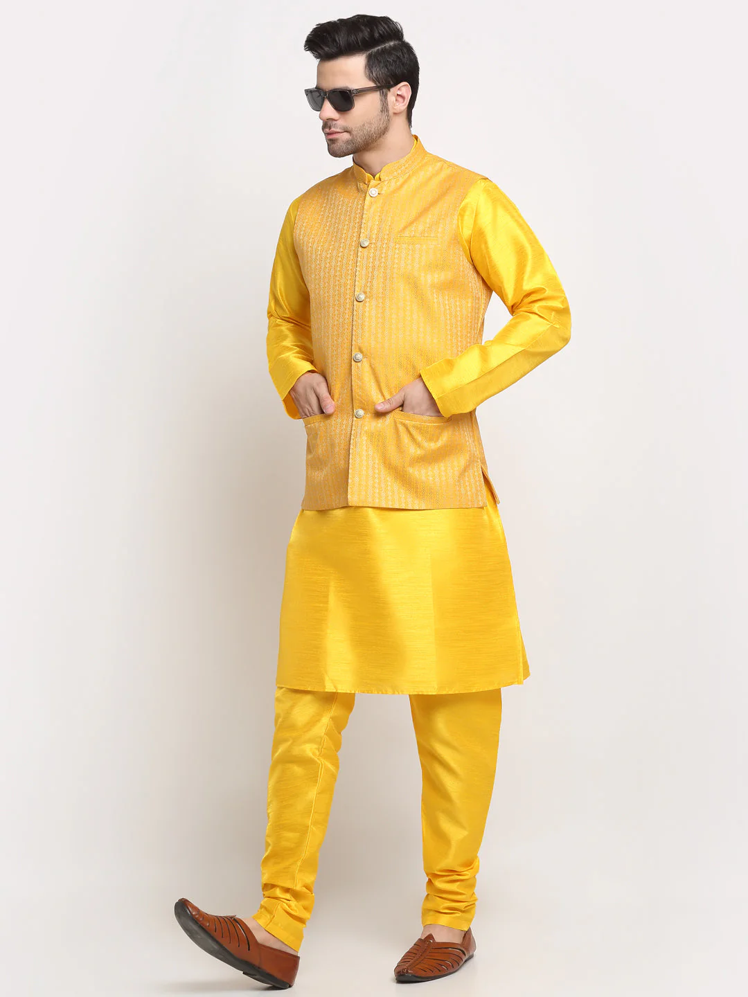 KRAFT INDIA Men's Silk Yellow Kurta Churidar with Nehru Jacket Set - Image 23
