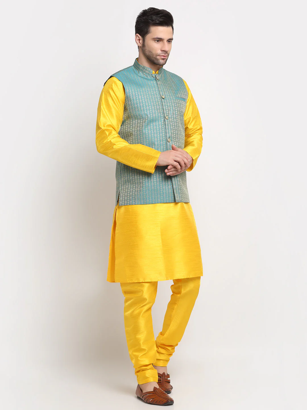 KRAFT INDIA Men's Silk Yellow Kurta Churidar with Nehru Jacket Set - Image 3