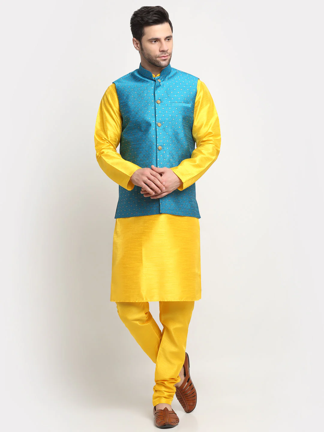 KRAFT INDIA Men's Silk Yellow Kurta Churidar With Polka Dotted Nehru Jacket Set - Image 10