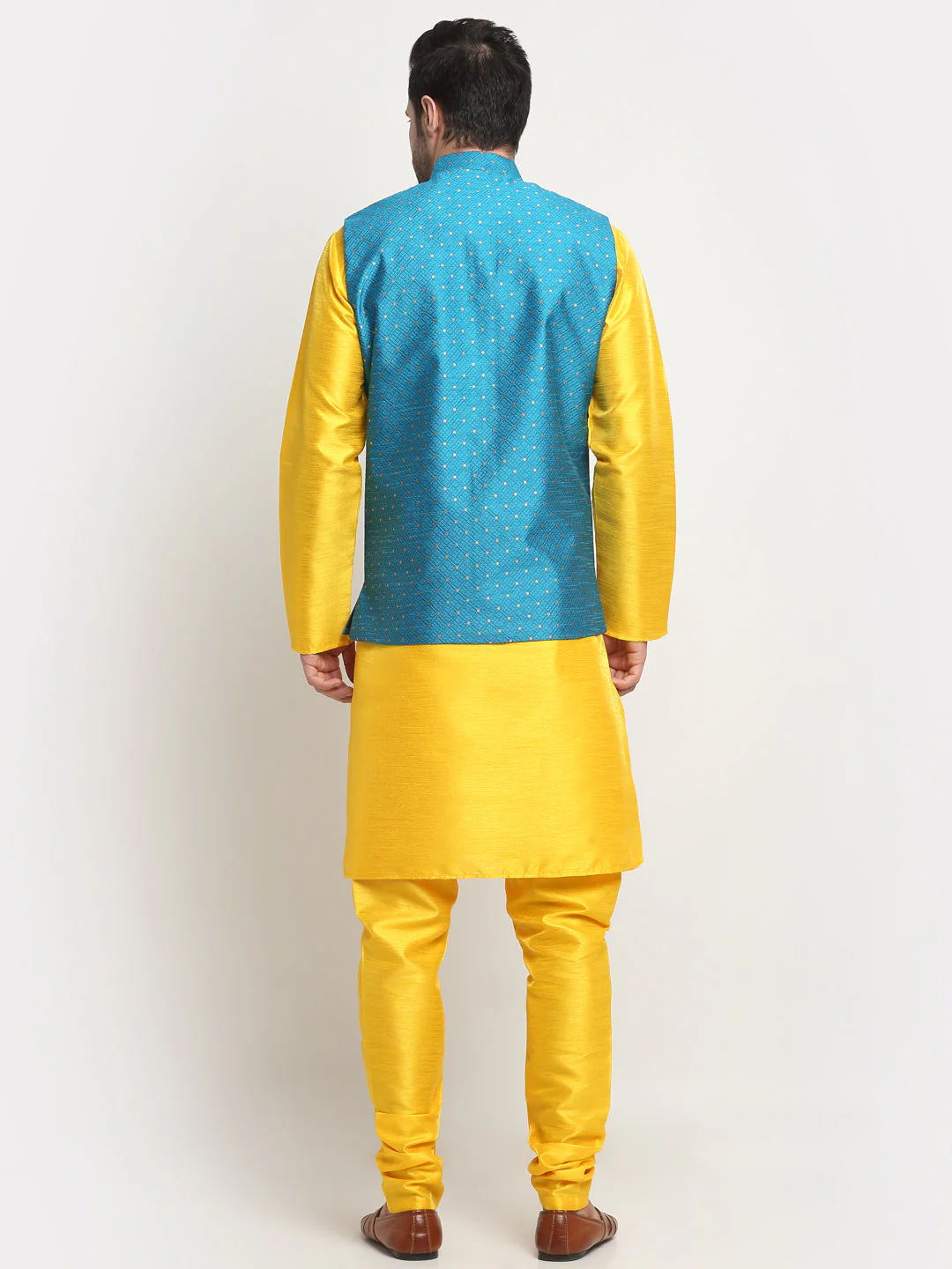 KRAFT INDIA Men's Silk Yellow Kurta Churidar With Polka Dotted Nehru Jacket Set - Image 11