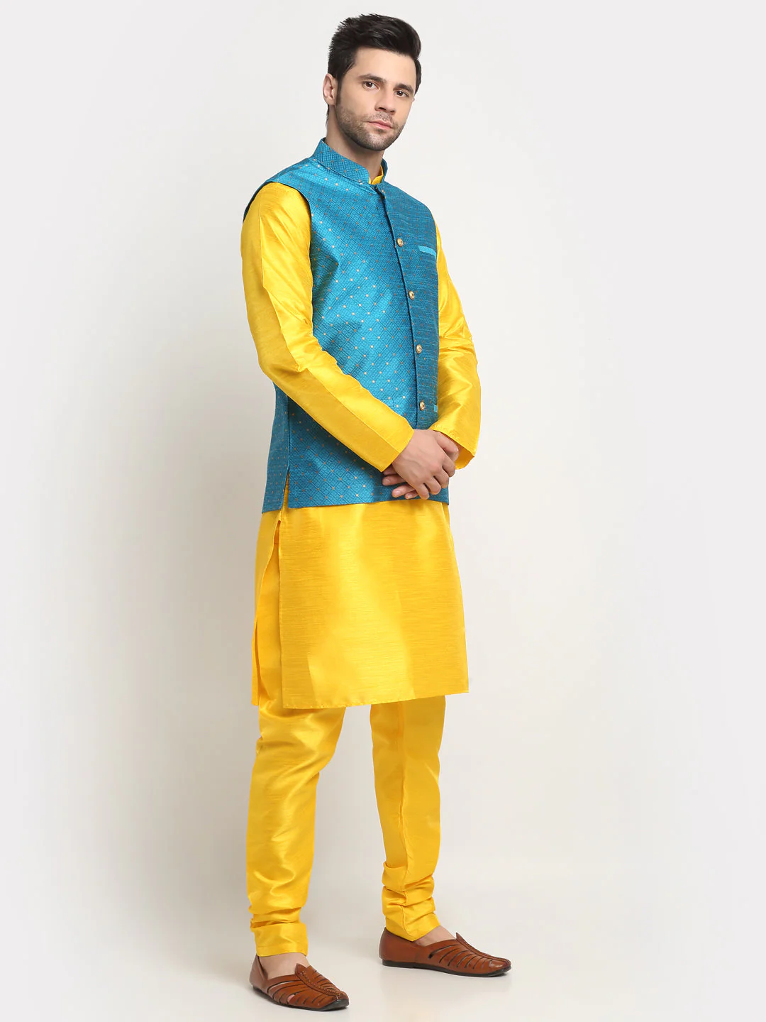 KRAFT INDIA Men's Silk Yellow Kurta Churidar With Polka Dotted Nehru Jacket Set - Image 12