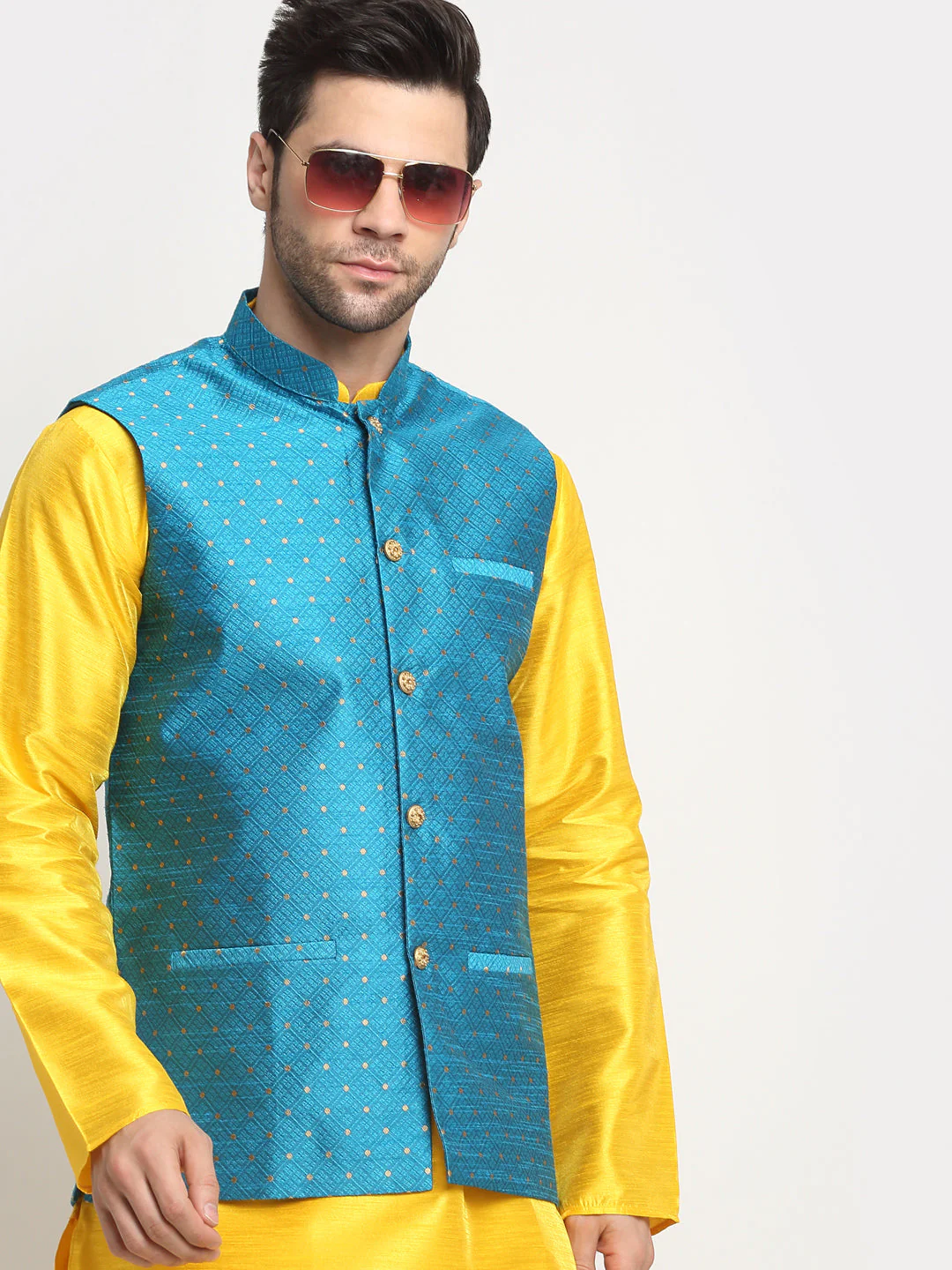 KRAFT INDIA Men's Silk Yellow Kurta Churidar With Polka Dotted Nehru Jacket Set - Image 15
