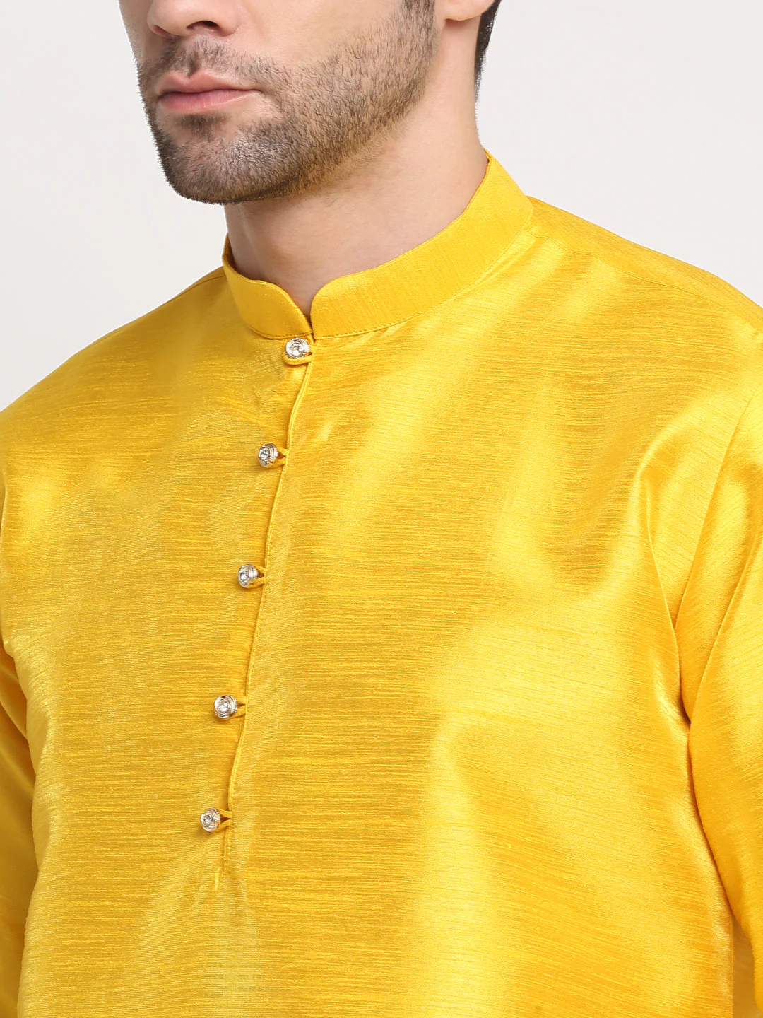 KRAFT INDIA Men's Silk Yellow Kurta Churidar With Polka Dotted Nehru Jacket Set - Image 17