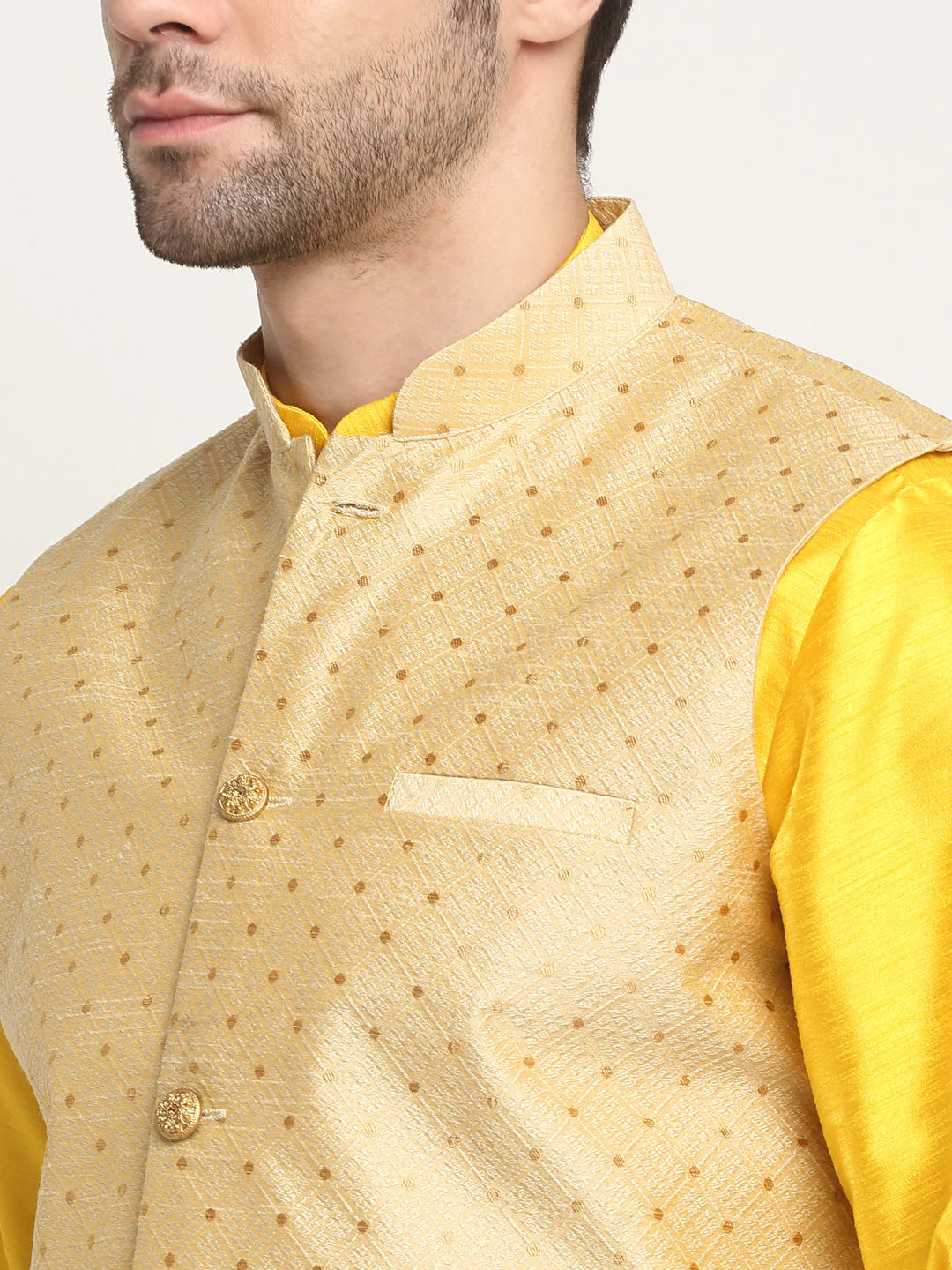 KRAFT INDIA Men's Silk Yellow Kurta Churidar With Polka Dotted Nehru Jacket Set - Image 22