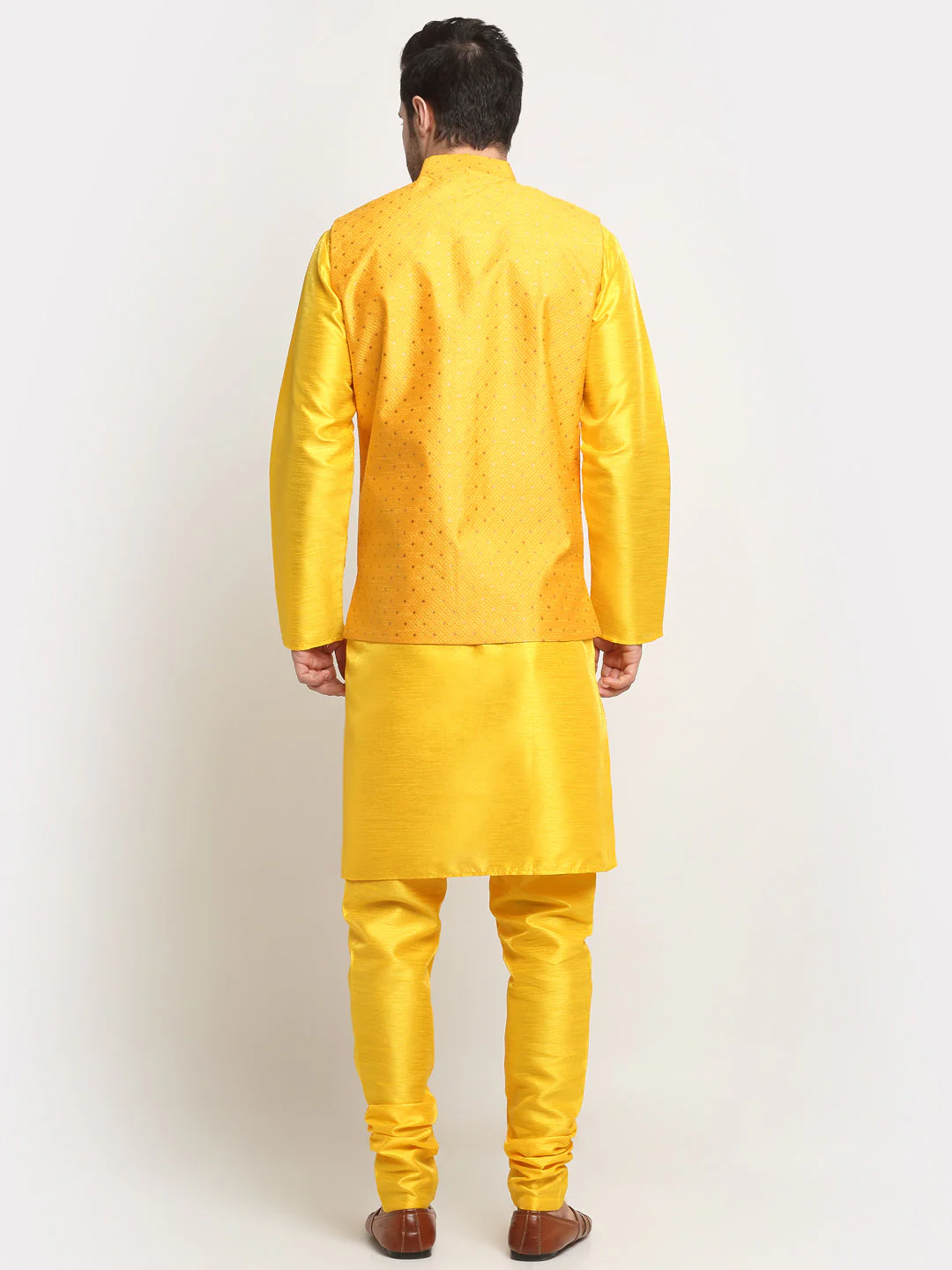 KRAFT INDIA Men's Silk Yellow Kurta Churidar With Polka Dotted Nehru Jacket Set - Image 29