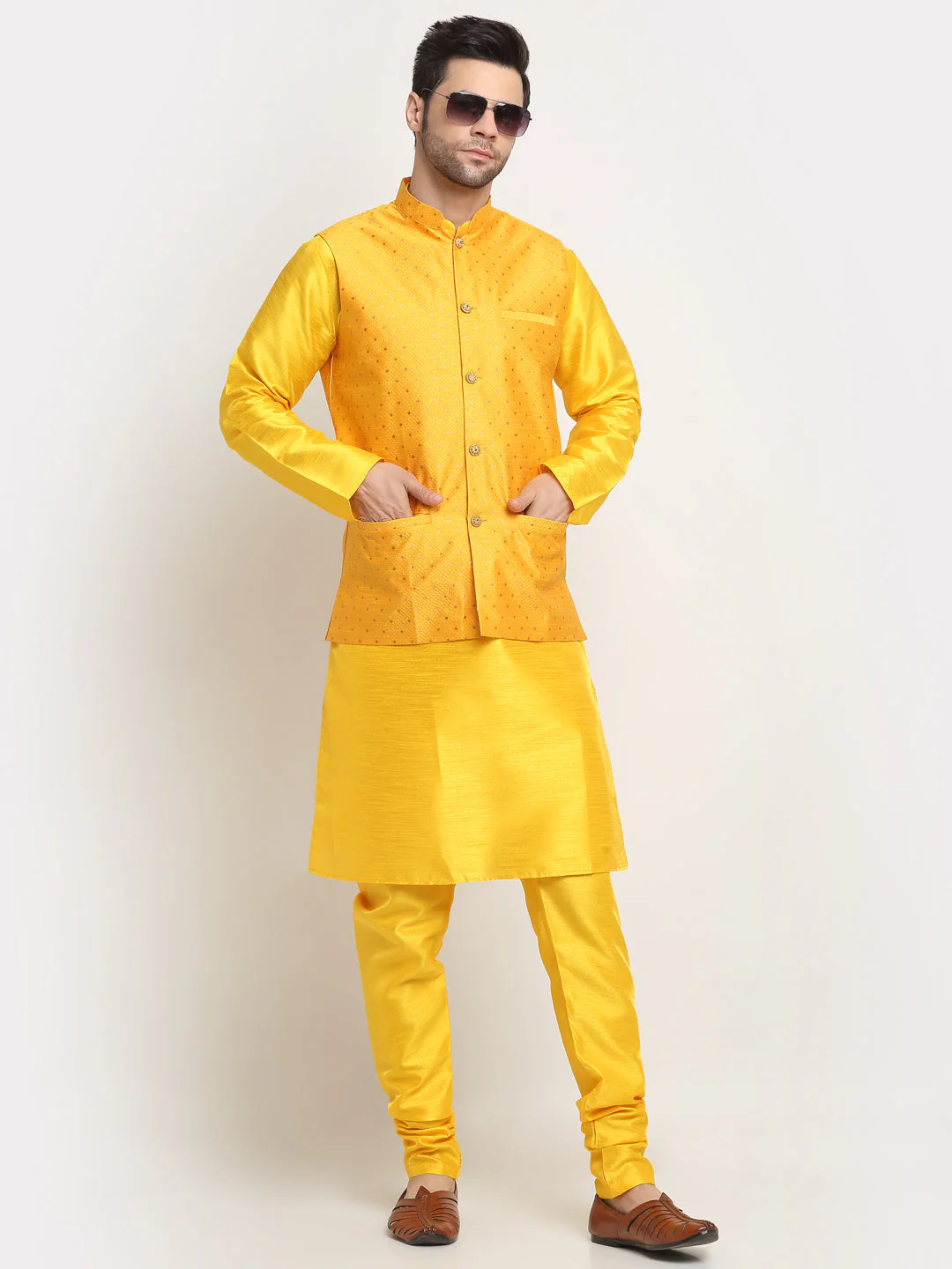 KRAFT INDIA Men's Silk Yellow Kurta Churidar With Polka Dotted Nehru Jacket Set - Image 32