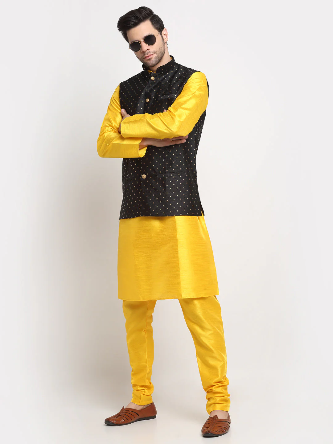 KRAFT INDIA Men's Silk Yellow Kurta Churidar With Polka Dotted Nehru Jacket Set - Image 5