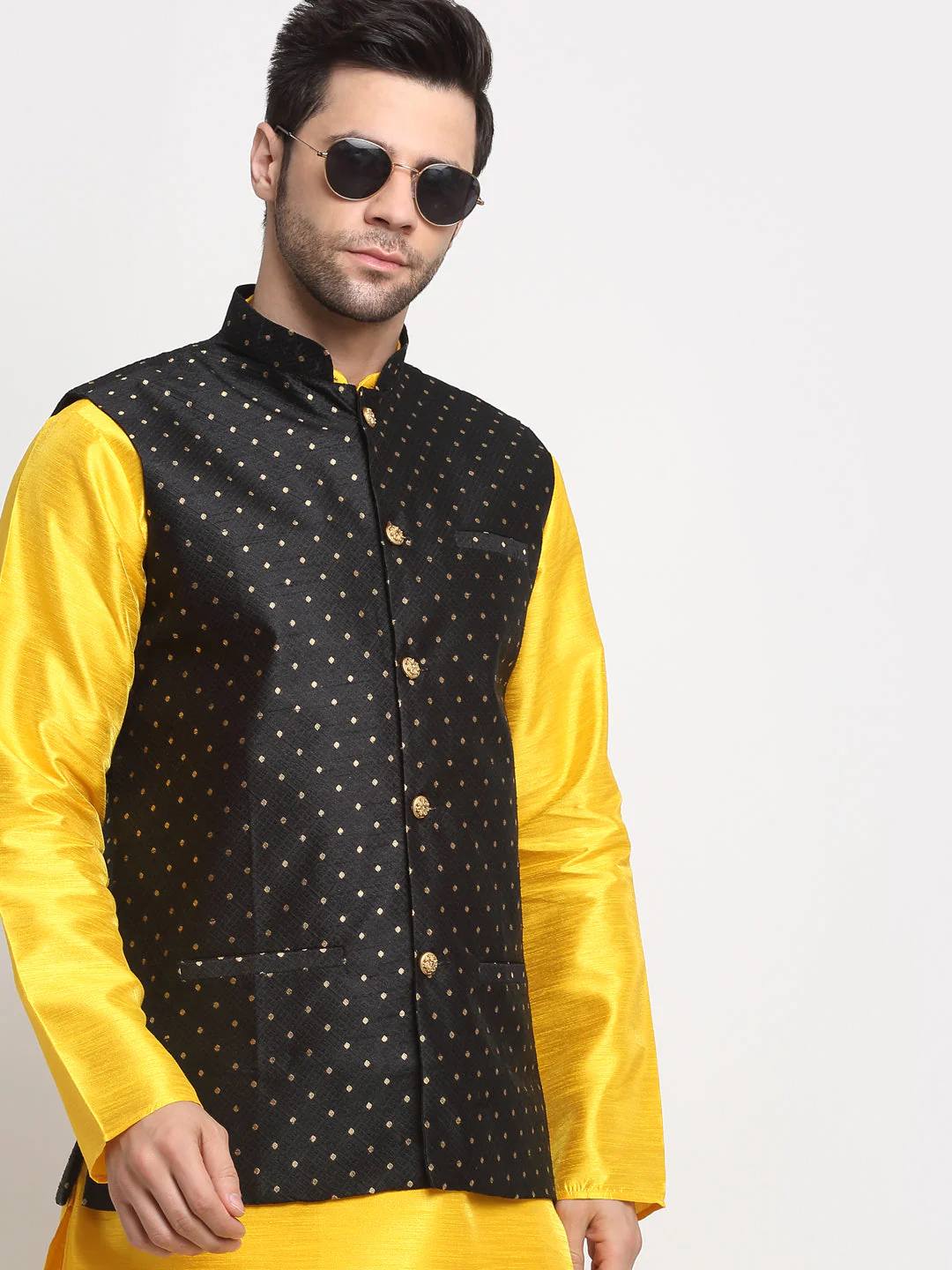 KRAFT INDIA Men's Silk Yellow Kurta Churidar With Polka Dotted Nehru Jacket Set - Image 6