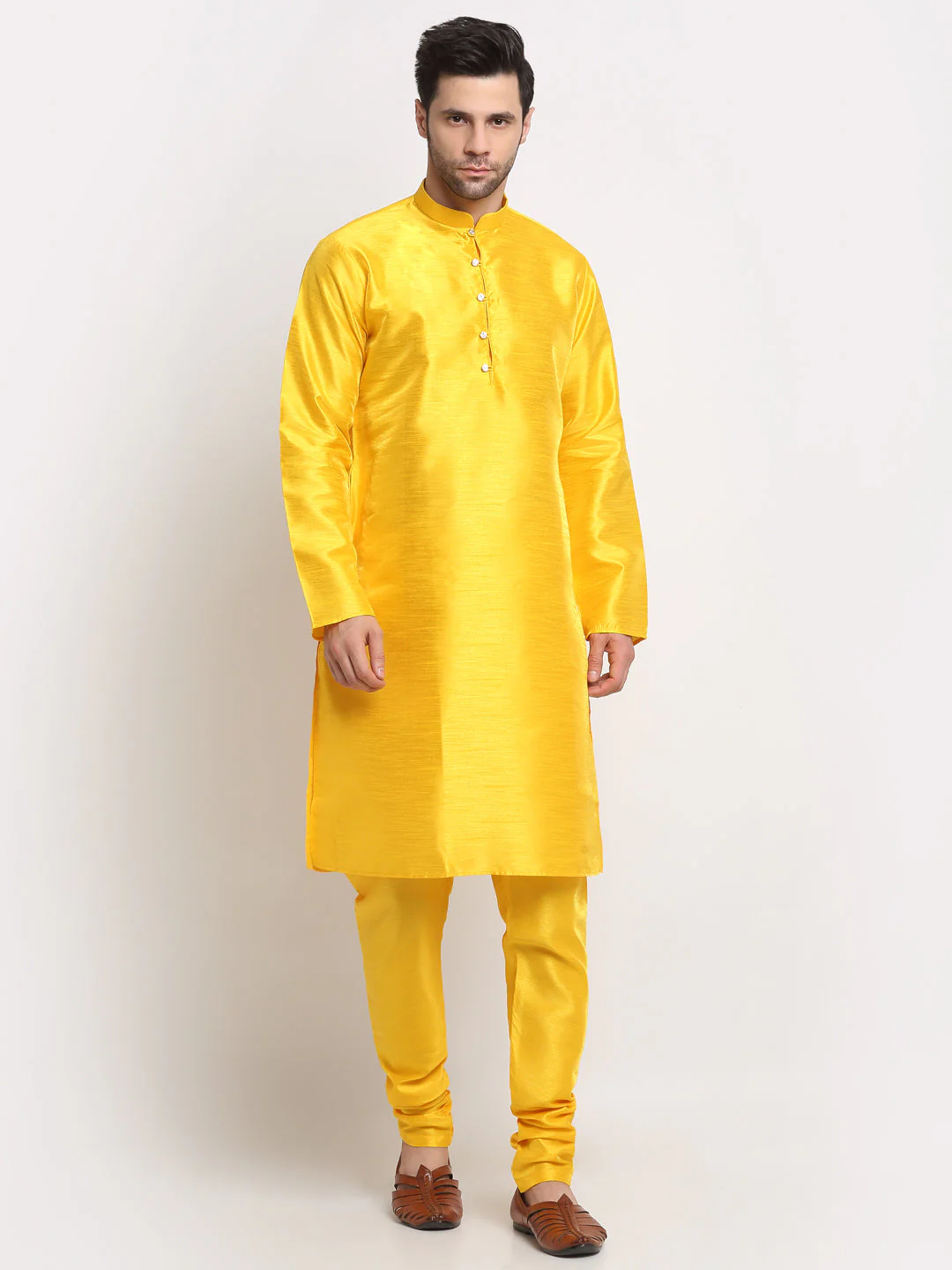 KRAFT INDIA Men's Silk Yellow Kurta Churidar With Polka Dotted Nehru Jacket Set - Image 7