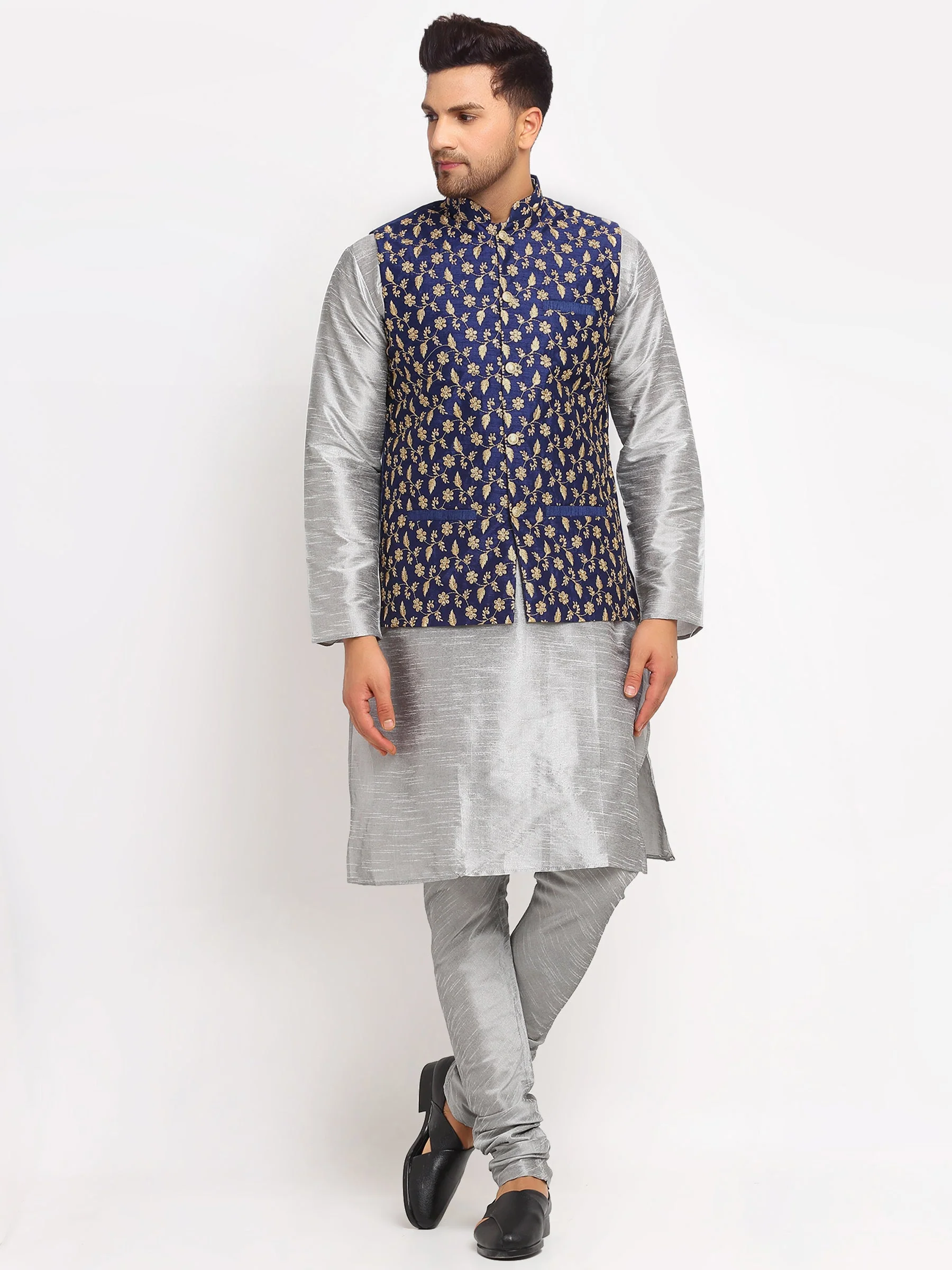 KRAFT INDIA Mens Silver Kurta and churidar with Navy Blue embroided Zari Nehru jacket - Image 27