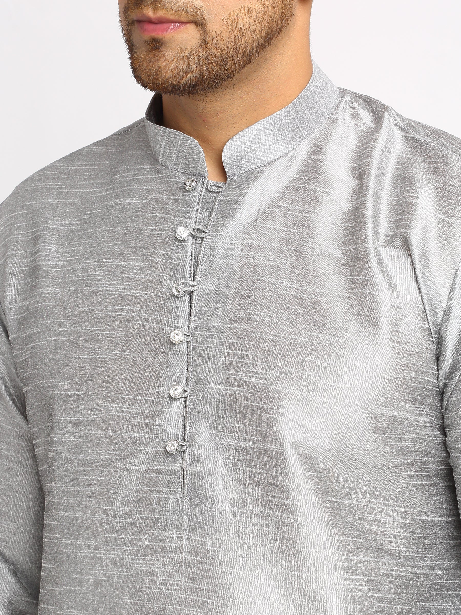 KRAFT INDIA Mens Silver Kurta and churidar with Navy Blue embroided Zari Nehru jacket - Image 6