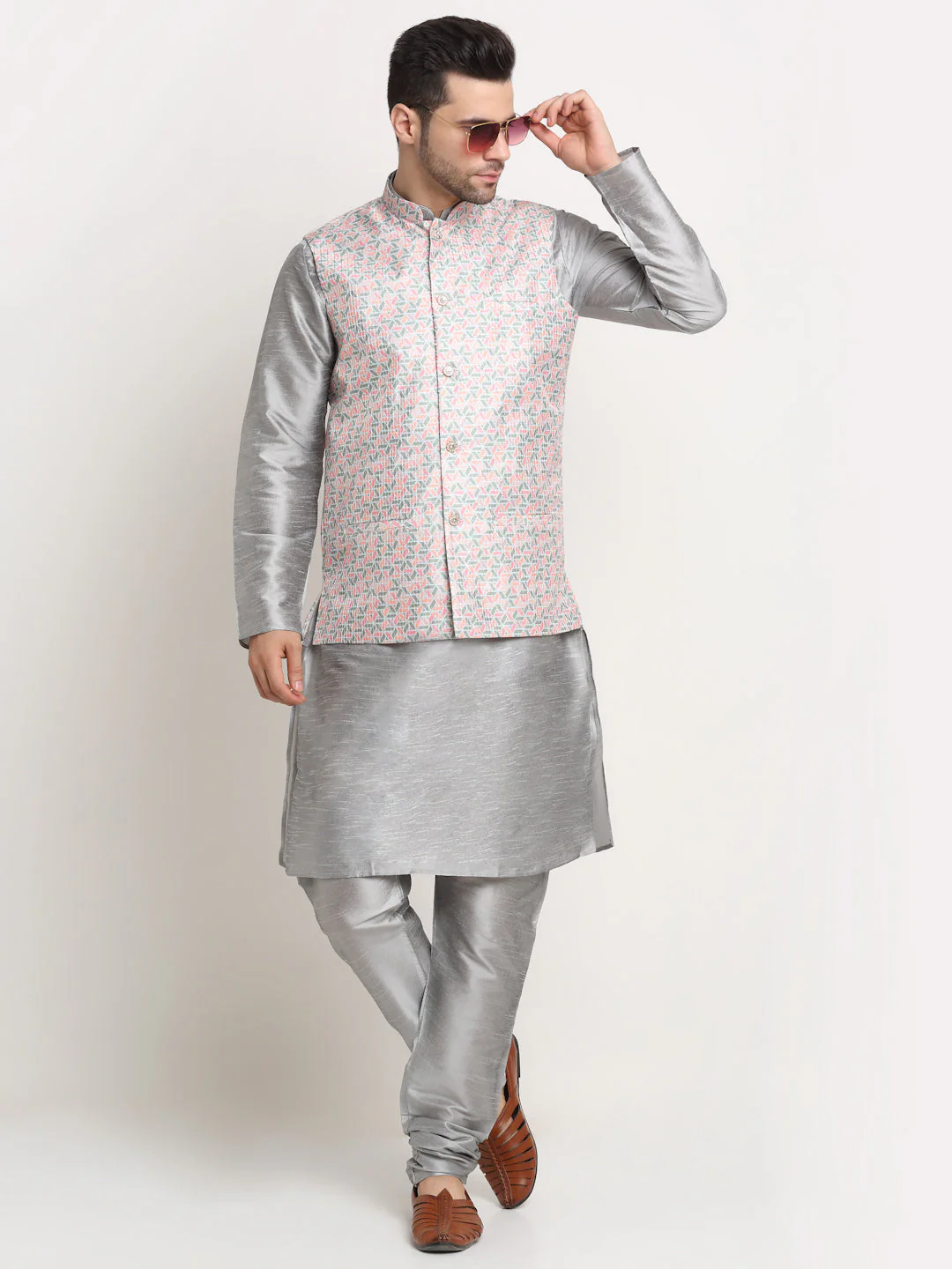 KRAFT INDIA Mens Silver Silk Blend Kurta and churidar with embroided Nehru jacket - Image 10