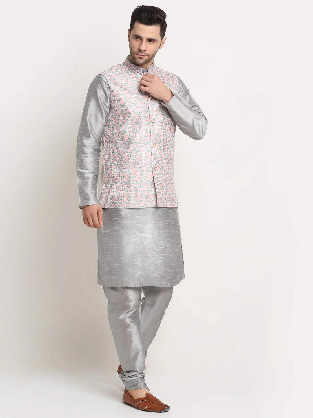 KRAFT INDIA Mens Silver Silk Blend Kurta and churidar with embroided Nehru jacket - Image 11