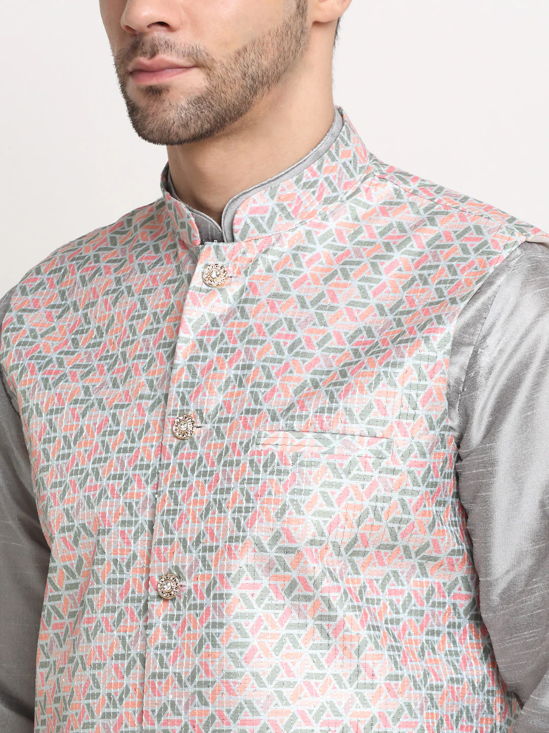 KRAFT INDIA Mens Silver Silk Blend Kurta and churidar with embroided Nehru jacket - Image 12
