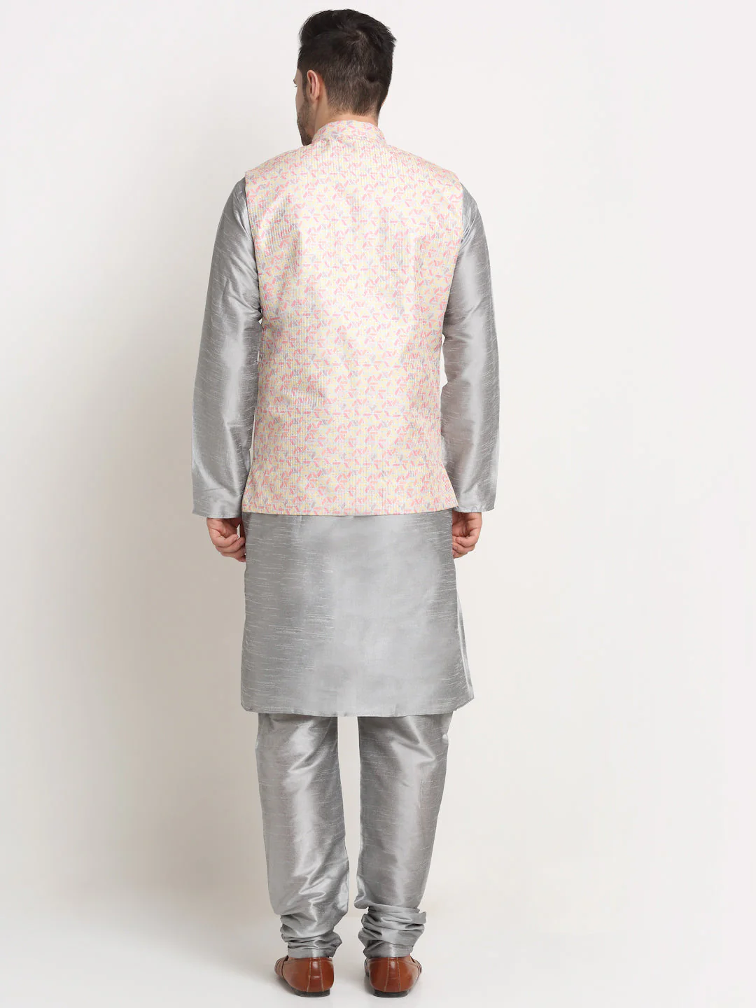 KRAFT INDIA Mens Silver Silk Blend Kurta and churidar with embroided Nehru jacket - Image 18