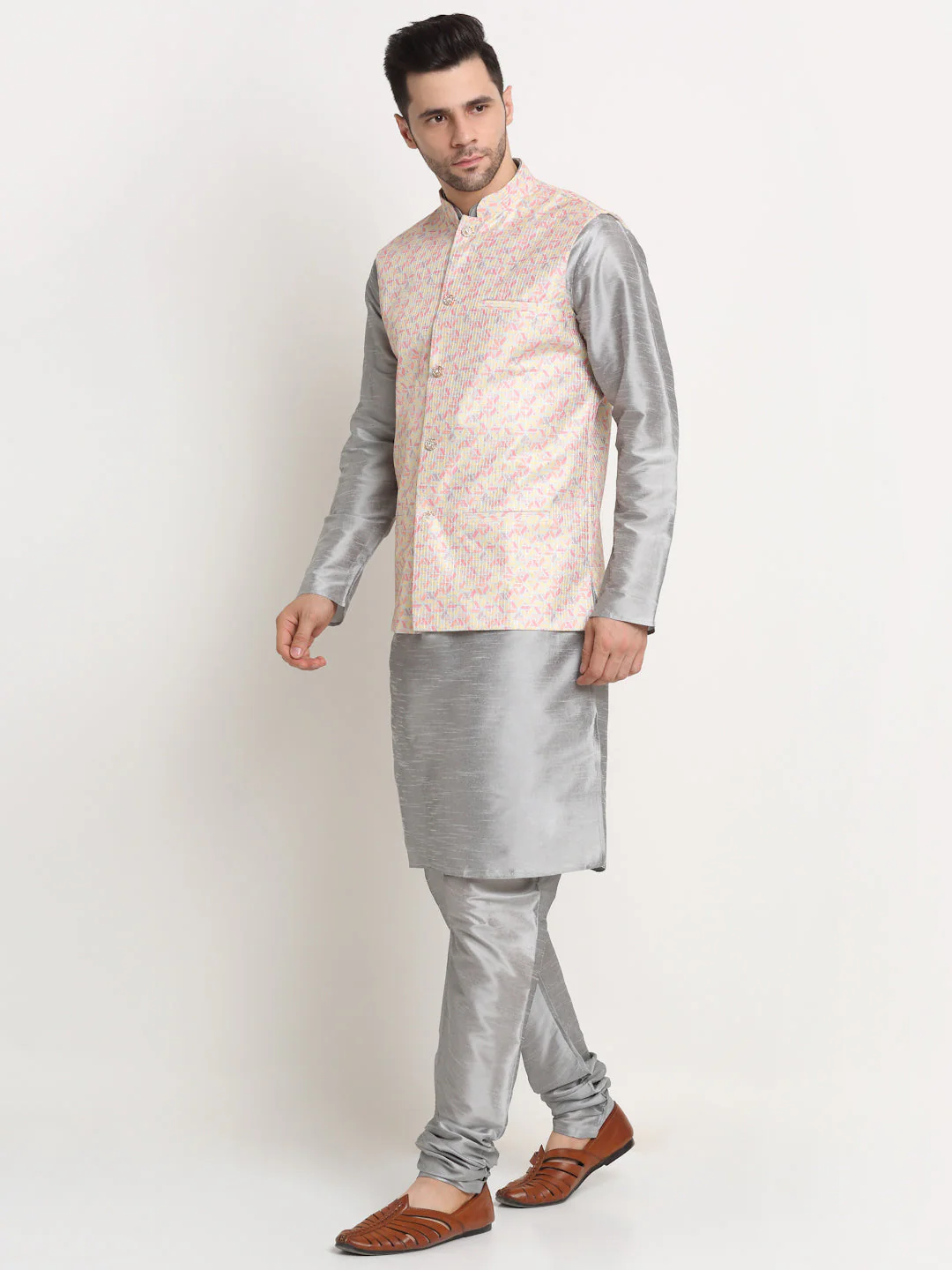 KRAFT INDIA Mens Silver Silk Blend Kurta and churidar with embroided Nehru jacket - Image 19
