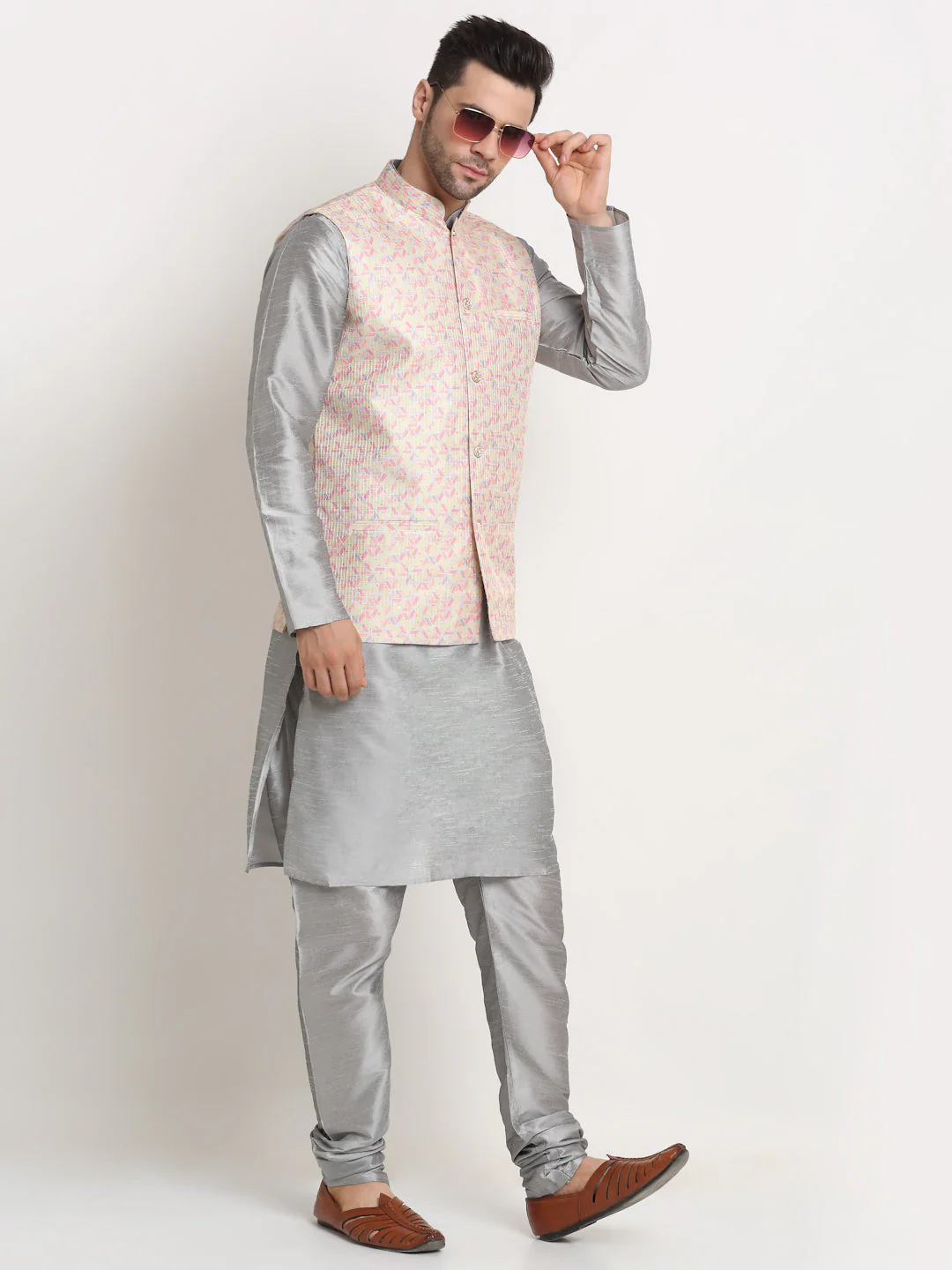 KRAFT INDIA Mens Silver Silk Blend Kurta and churidar with embroided Nehru jacket - Image 21