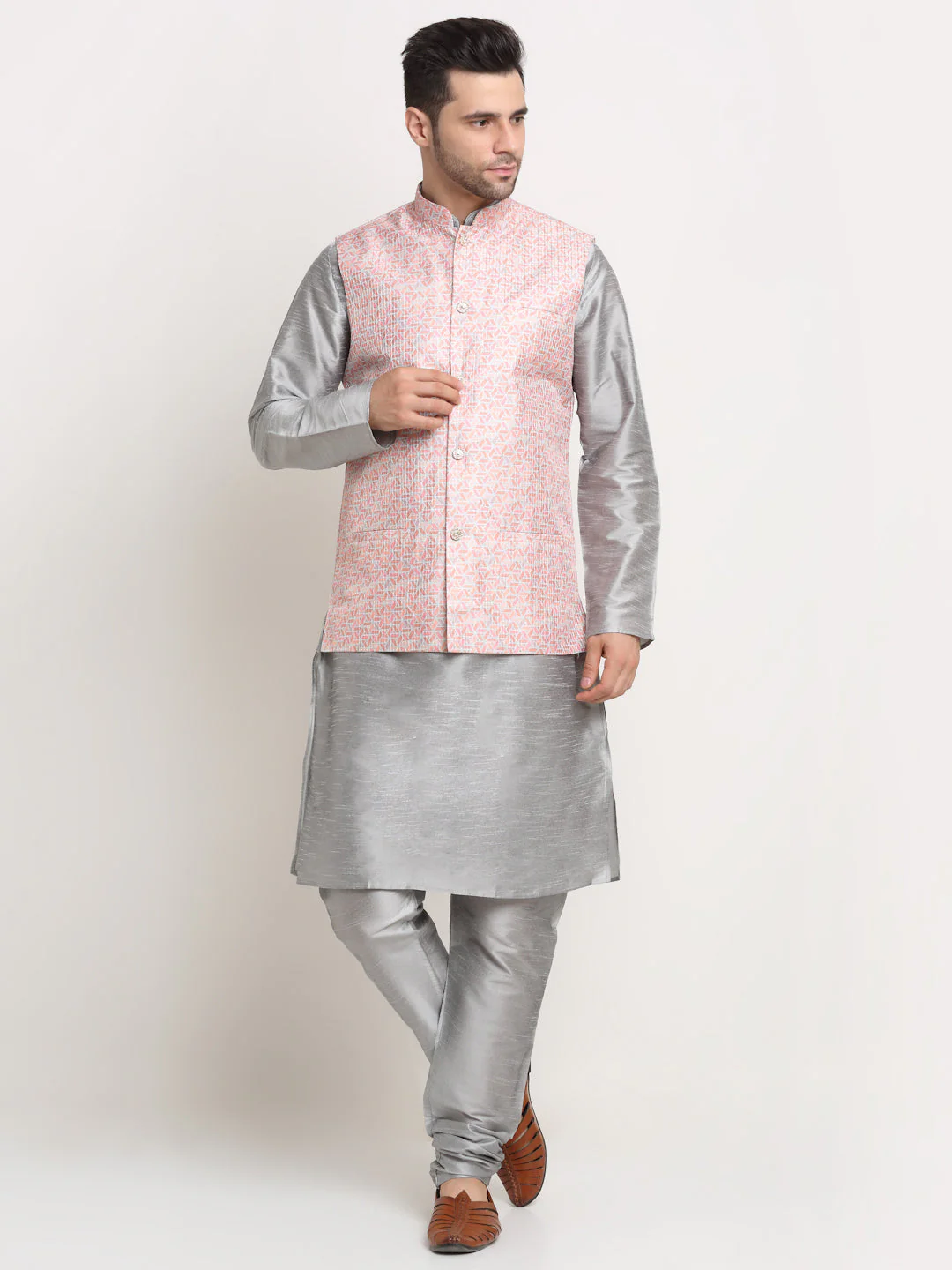 KRAFT INDIA Mens Silver Silk Blend Kurta and churidar with embroided Nehru jacket - Image 35