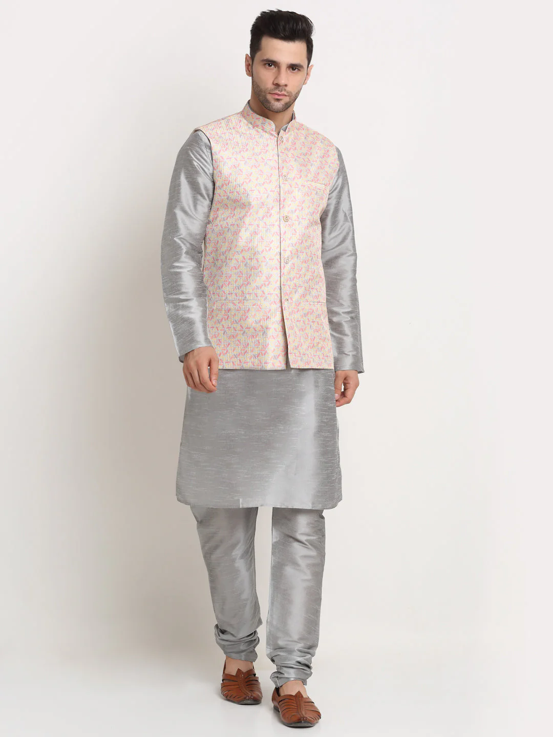 KRAFT INDIA Mens Silver Silk Blend Kurta and churidar with embroided Nehru jacket - Image 46