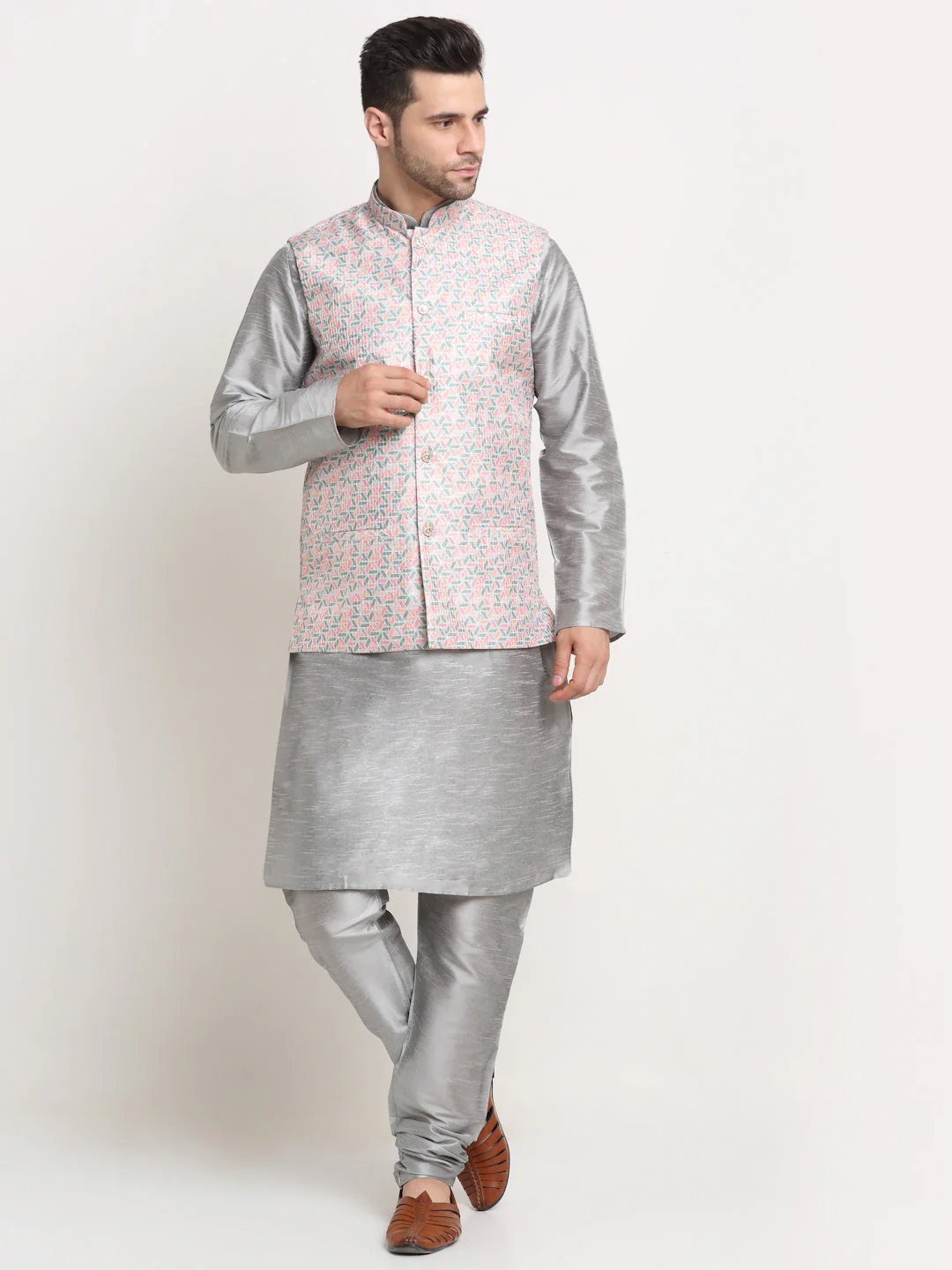 KRAFT INDIA Mens Silver Silk Blend Kurta and churidar with embroided Nehru jacket - Image 88