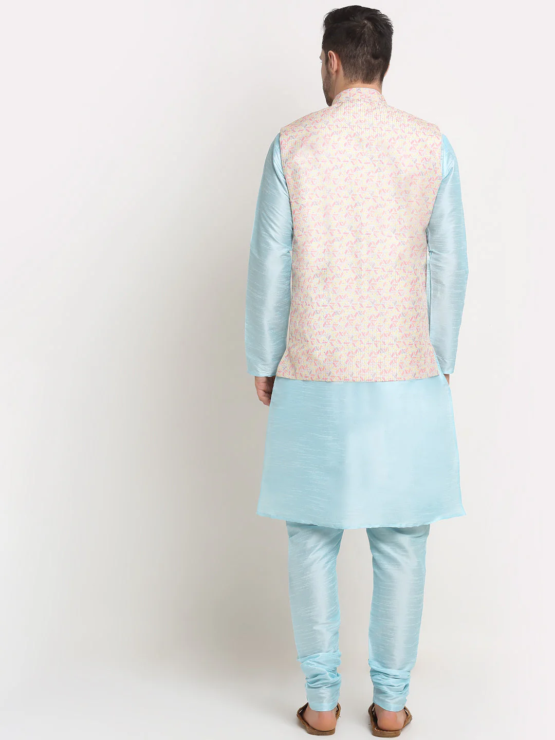 KRAFT INDIA Mens Sky Blue Silk Blend Kurta and churidar with embroided Yellow Nehru jacket - Image 2