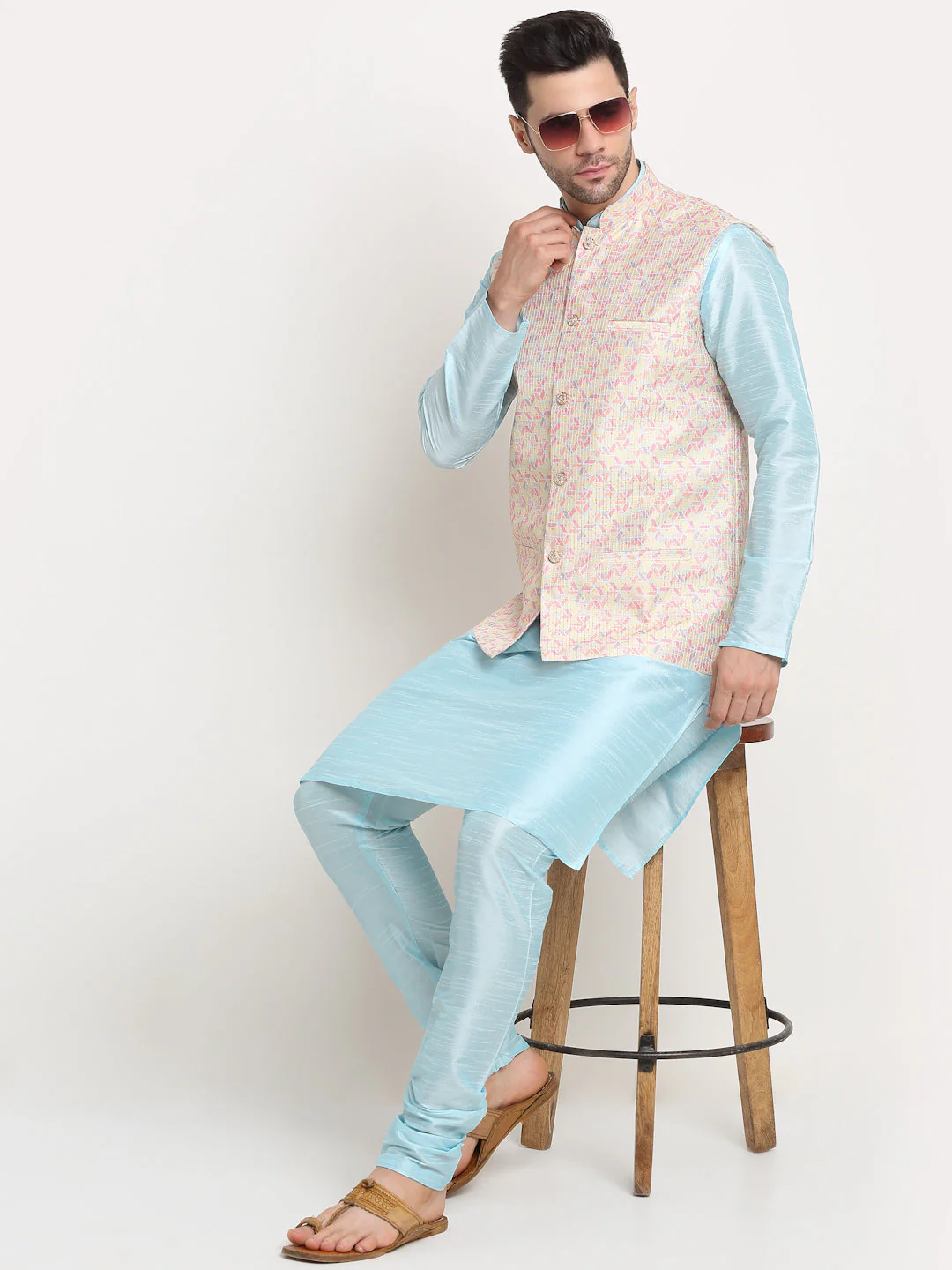 KRAFT INDIA Mens Sky Blue Silk Blend Kurta and churidar with embroided Yellow Nehru jacket - Image 5