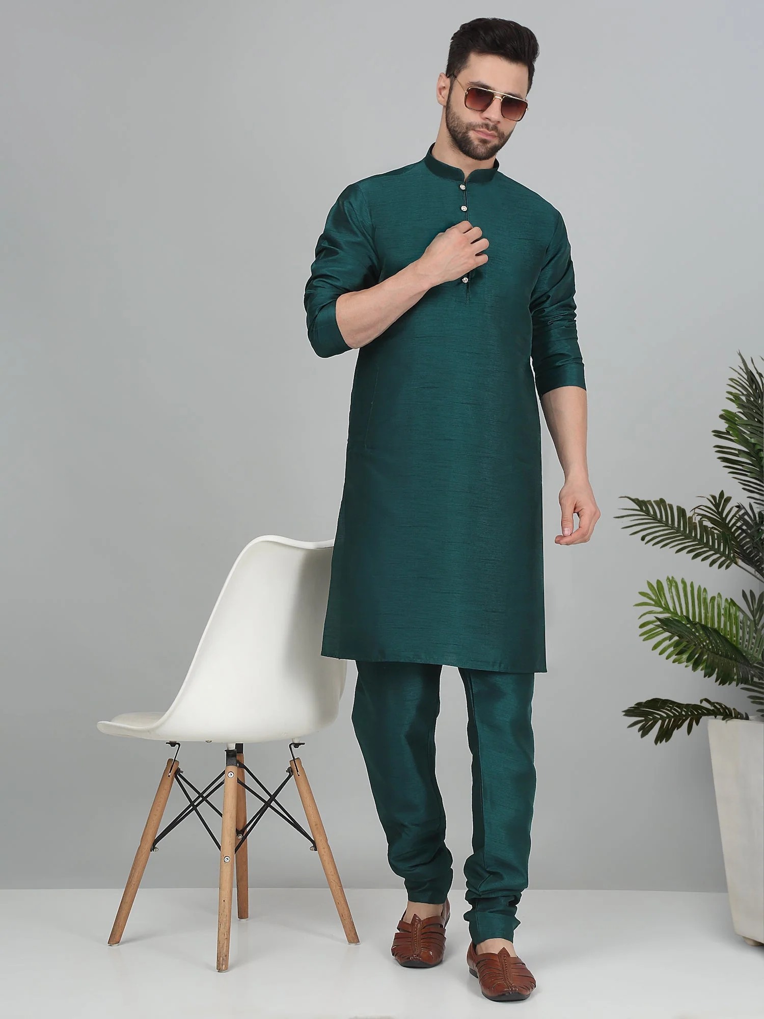 KRAFT INDIA Men's Solid Silk Blend Dupion Kurta Churidar Set - Image 103