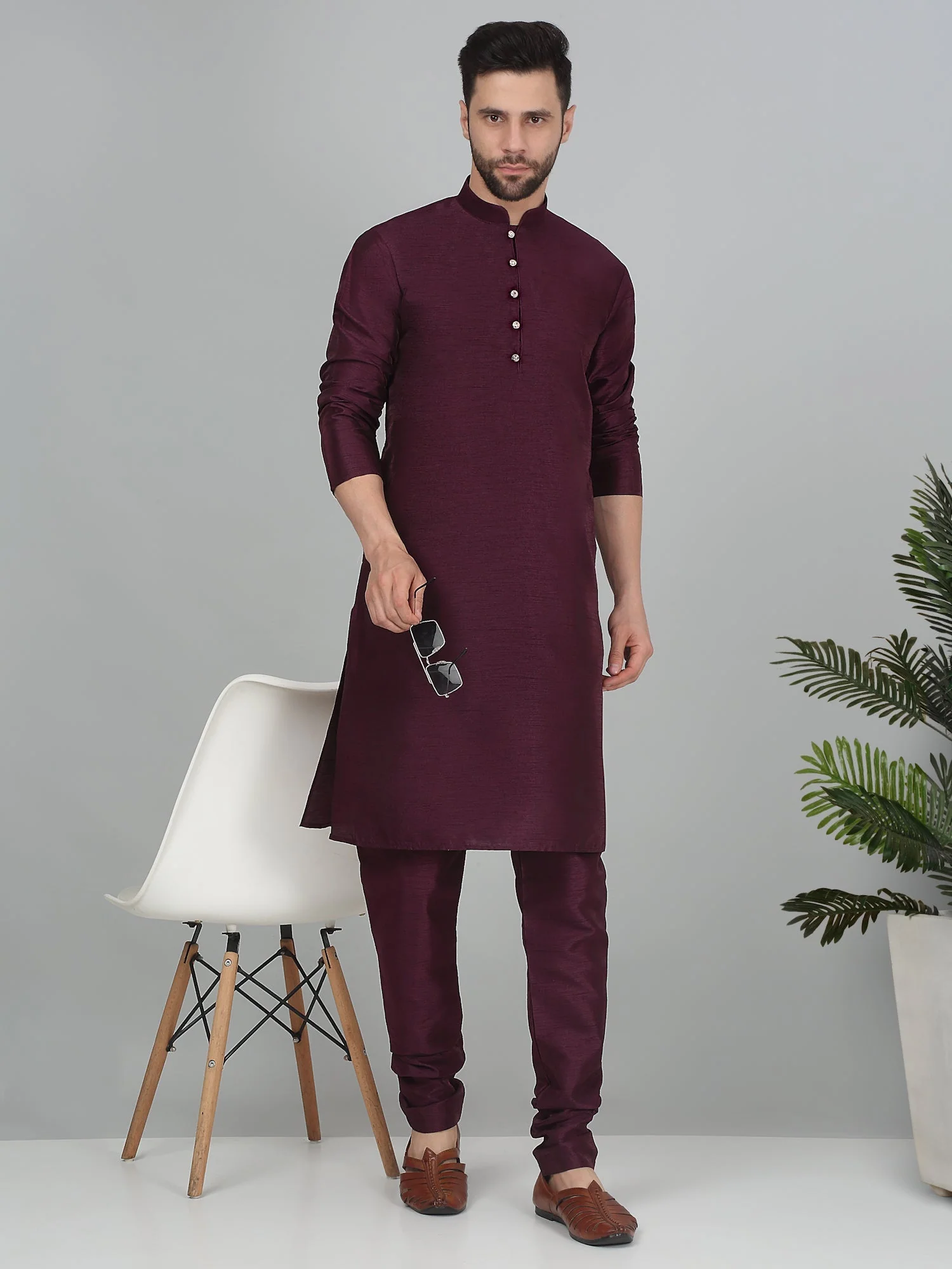 KRAFT INDIA Men's Solid Silk Blend Dupion Kurta Churidar Set - Image 149